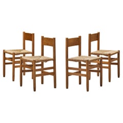 Rustic Set of Four Dining Chairs in Oak with Rush Seats 