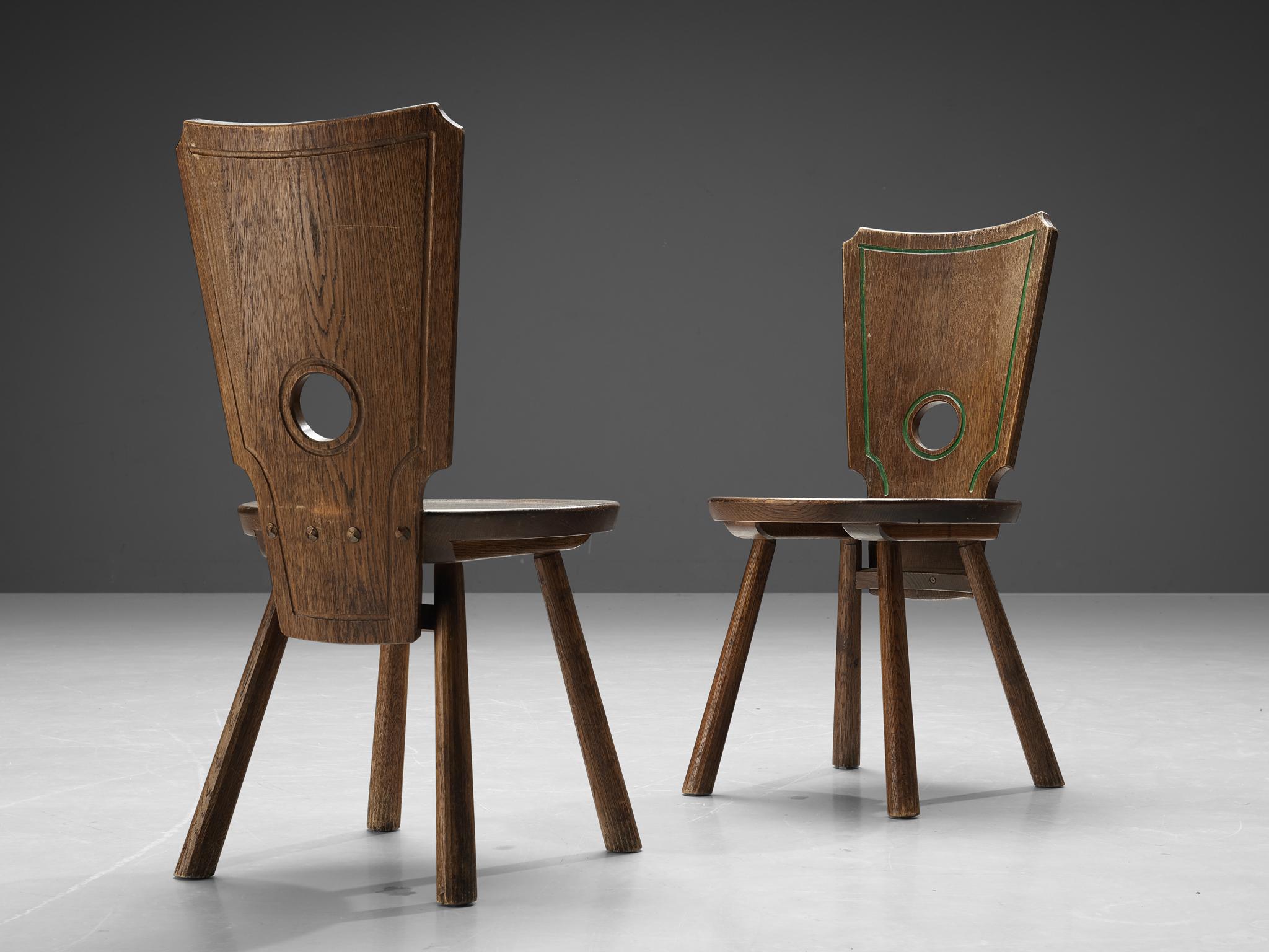 Mid-Century Modern Ensemble rustique de six chaises de salle à manger en chêne massif en vente