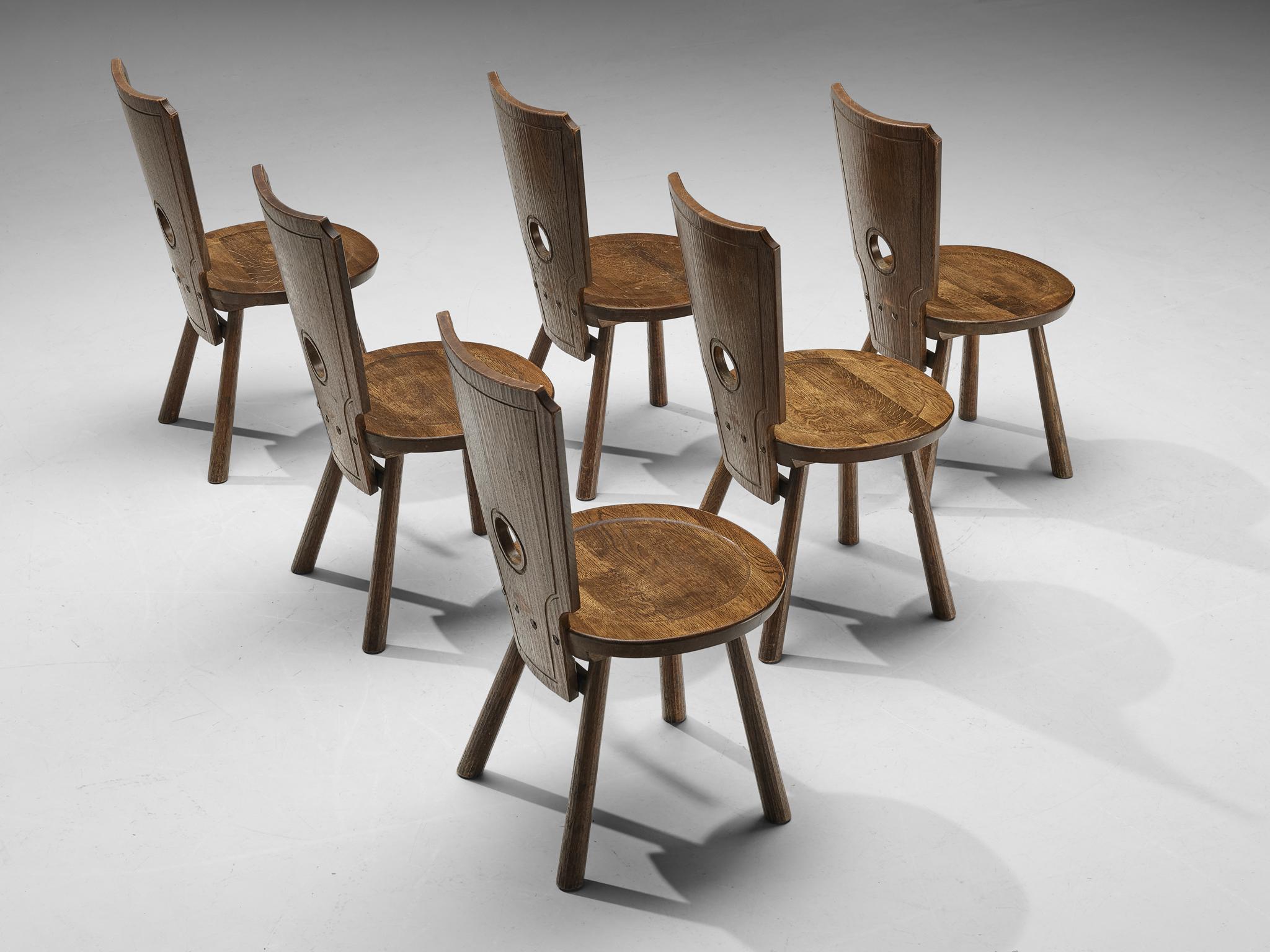 Mid-20th Century Rustic Set of Six French Dining Chairs in Solid Oak For Sale