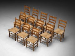 Rustic Set of Twelve Dining Chairs in Solid Oak and Straw