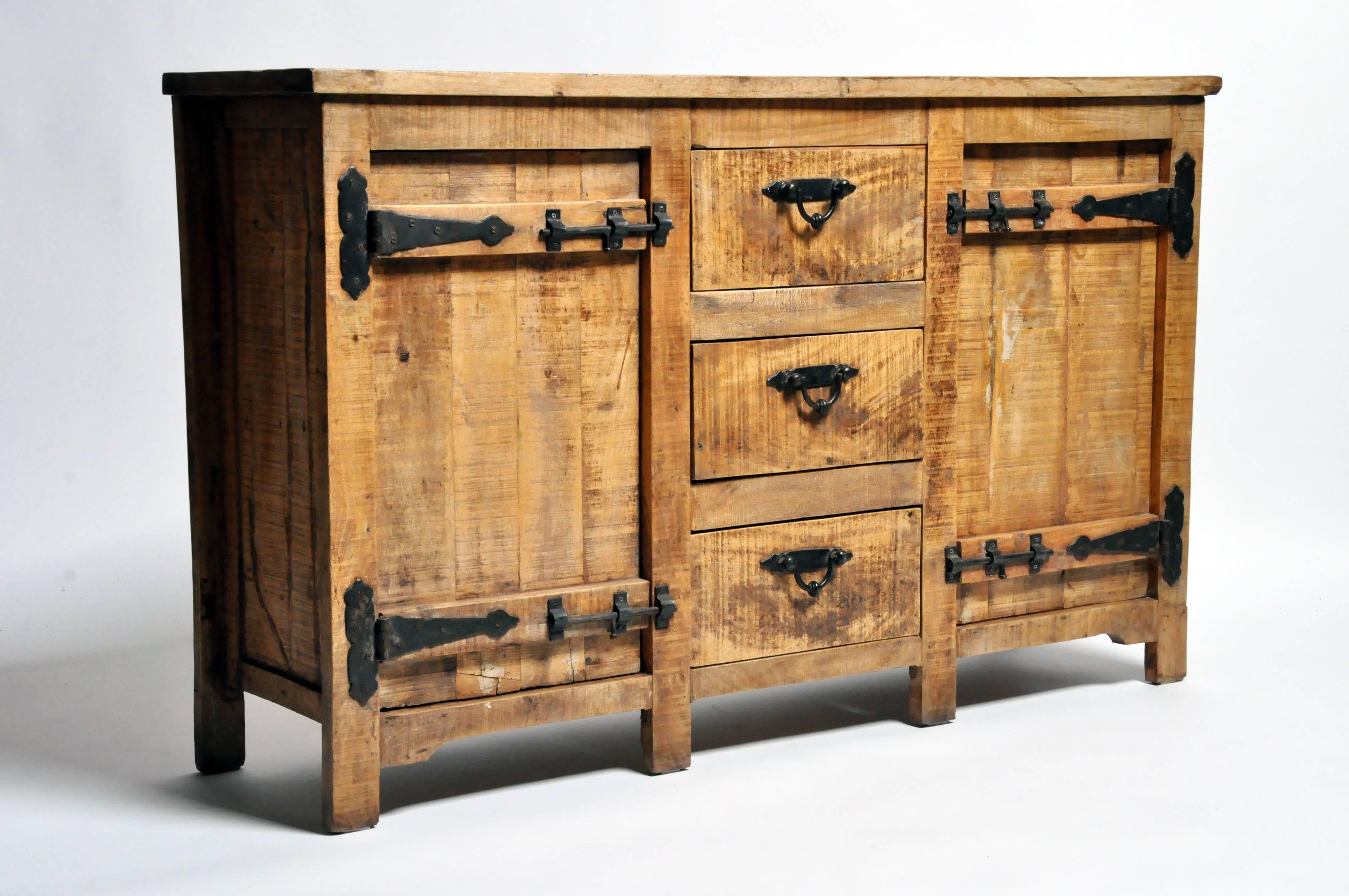 Indian Rustic Sideboard with Three Drawers and Two Shelves