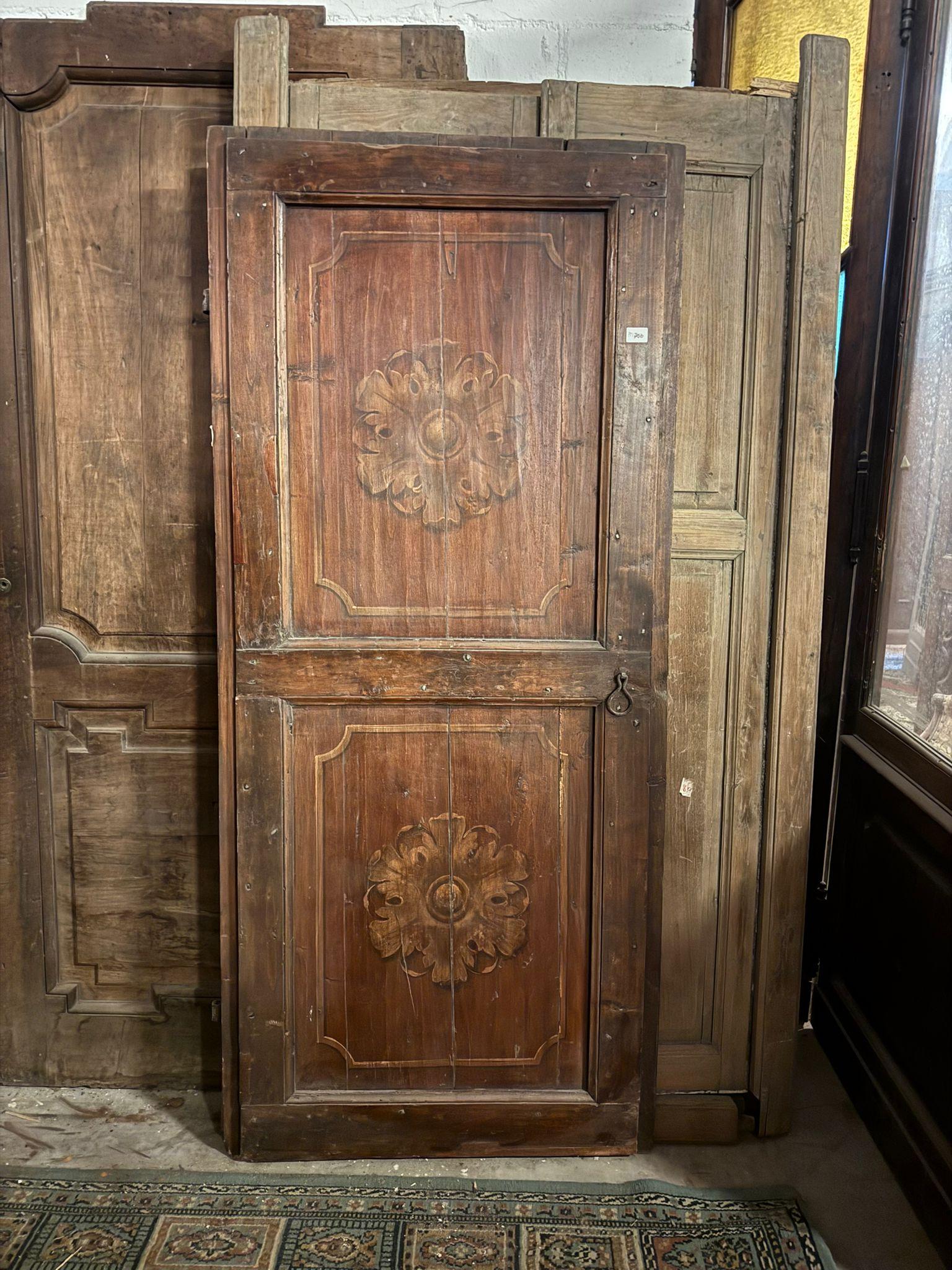 Italian Rustic single-leaf door in larch wood, squared and painted panels, Italy For Sale