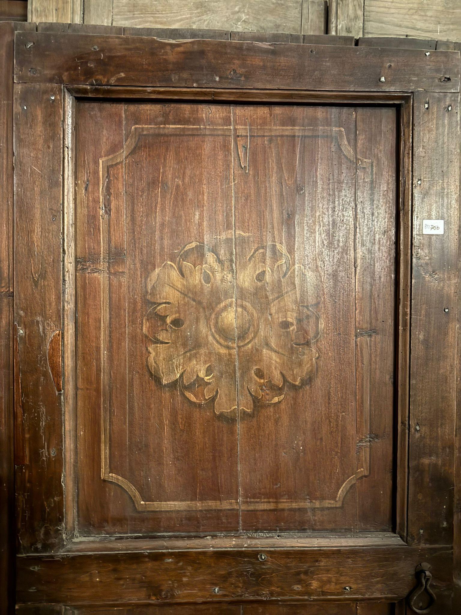 Rustic single-leaf door in larch wood, squared and painted panels, Italy For Sale 1