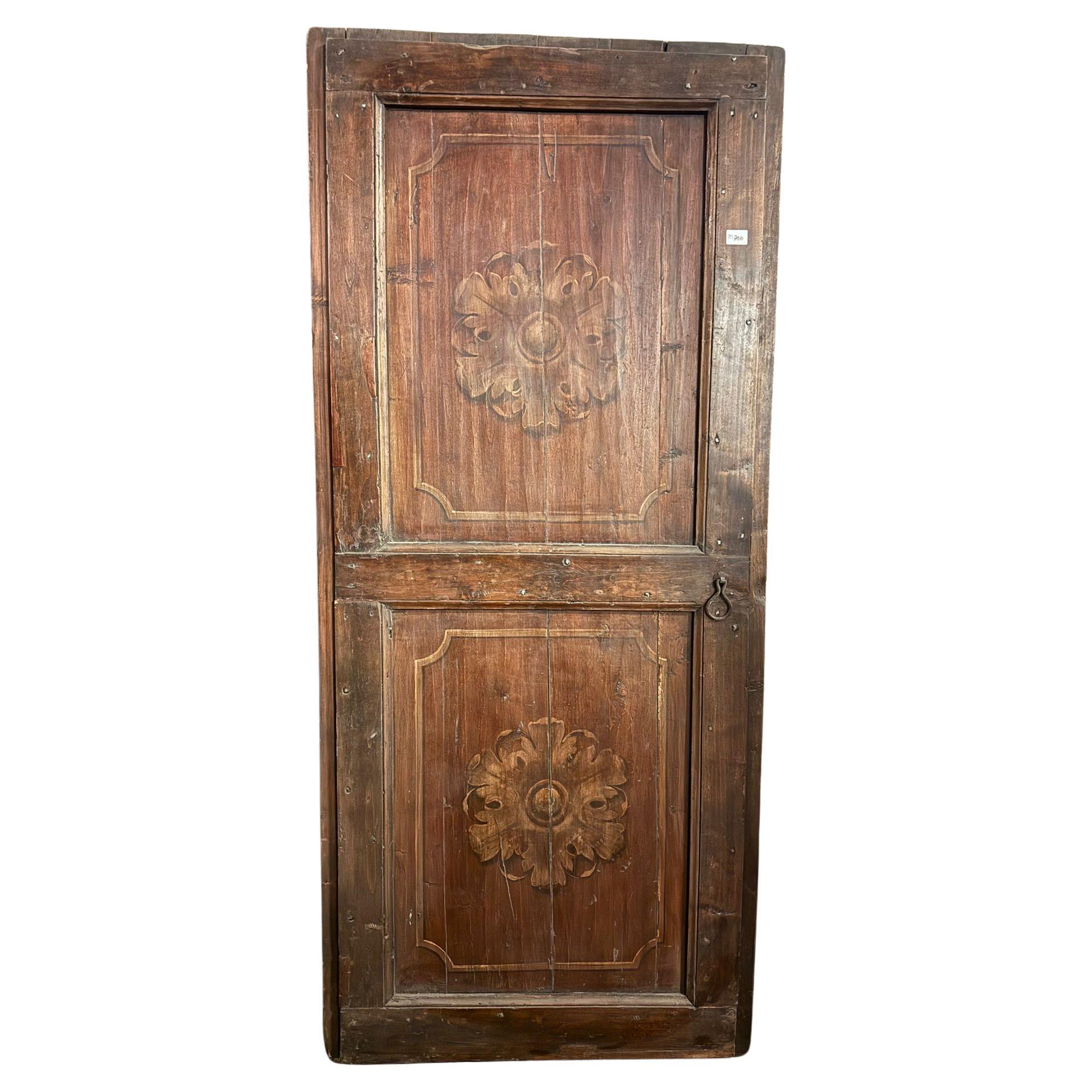 Rustic single-leaf door in larch wood, squared and painted panels, Italy For Sale