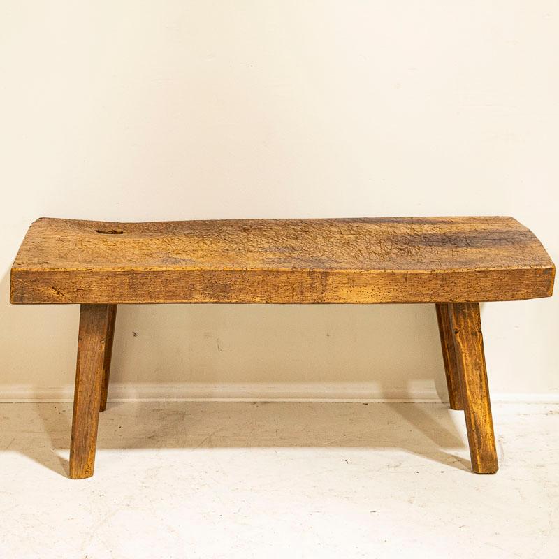 There is something organic and inviting in the thick wood top of this rustic peg leg coffee table. It is the years of use that have deepened its character, with a wonderful worn patina grown richer over time. The heavy gouges, stains, old worm holes