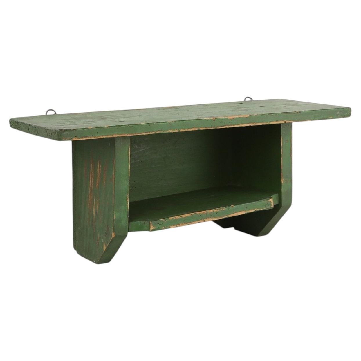 Rustic small green wooden wall unit with 2 shelves, France ca. 1880 For Sale