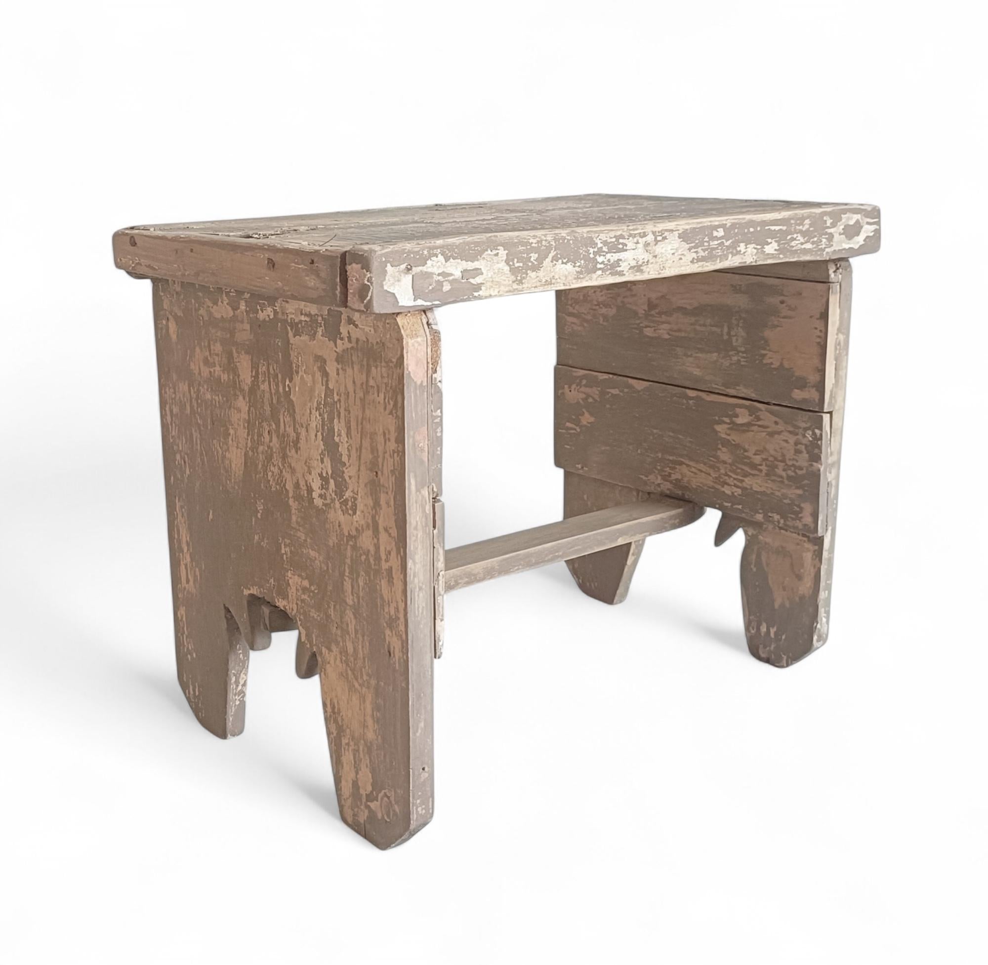 Rustic Soft Colors Weathered Wood Farm Stool/ Accent Table, Spain,  Early 20th-C For Sale 4