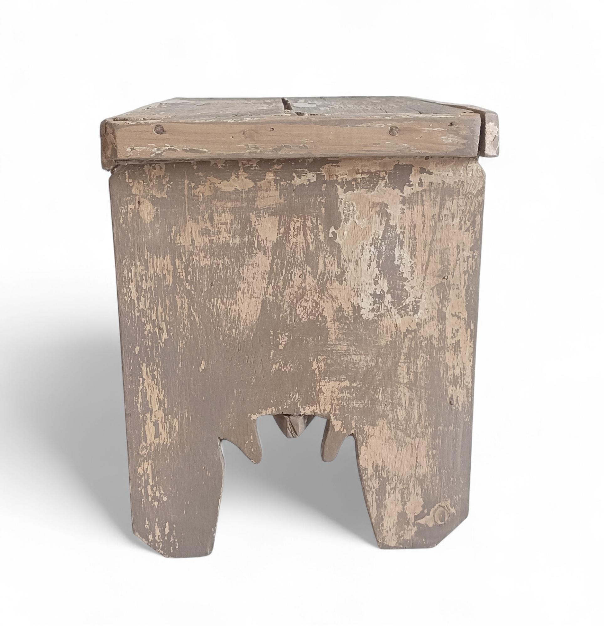 Rustic Soft Colors Weathered Wood Farm Stool/ Accent Table, Spain,  Early 20th-C For Sale 5