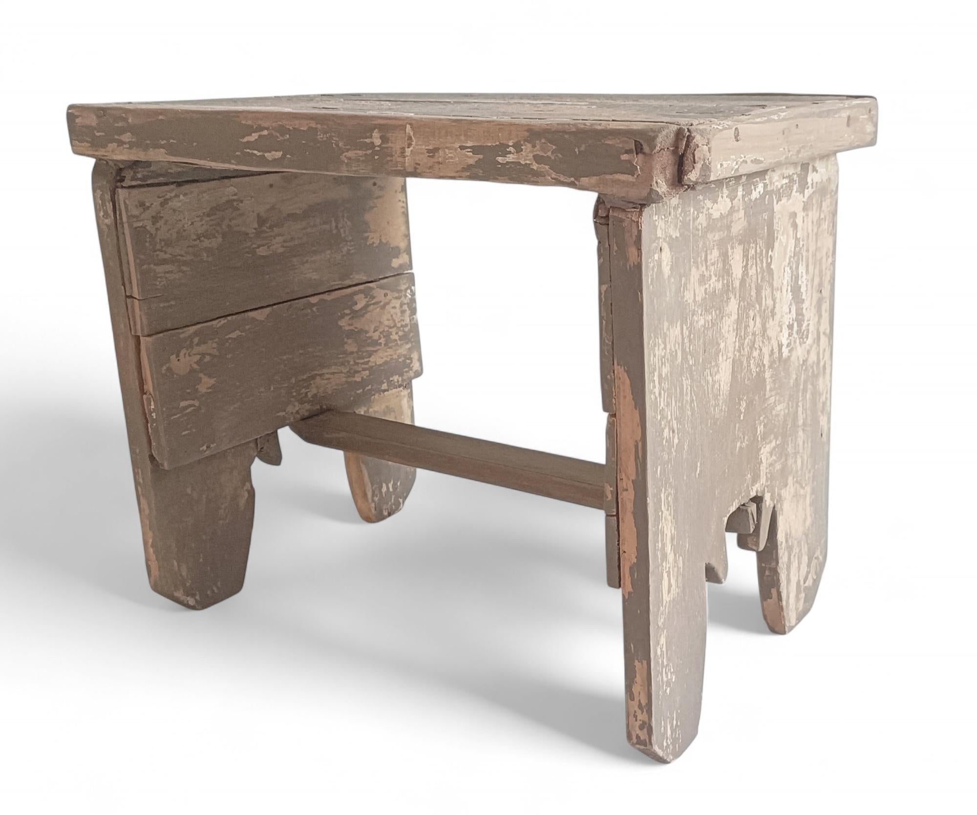 Rustic Soft Colors Weathered Wood Farm Stool/ Accent Table, Spain,  Early 20th-C For Sale 6