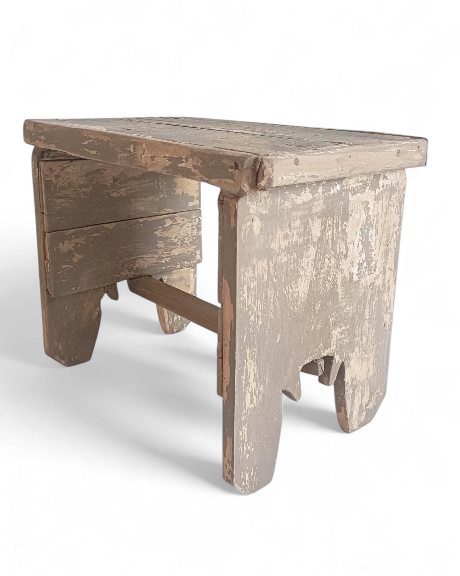 Rustic Soft Colors Weathered Wood Farm Stool/ Accent Table, Spain,  Early 20th-C For Sale 8