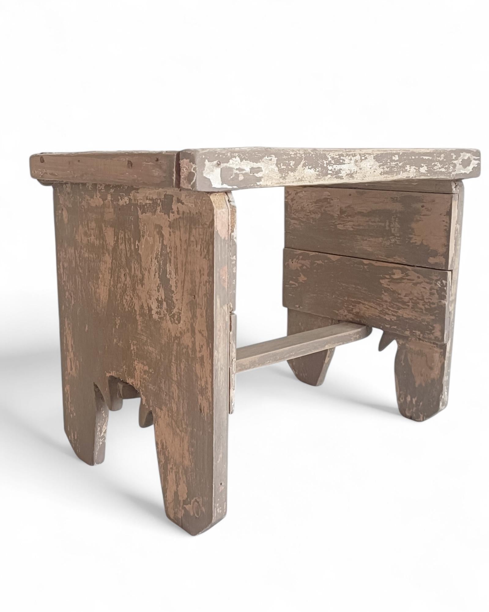 Rustic Soft Colors Weathered Wood Farm Stool/ Accent Table, Spain,  Early 20th-C For Sale 9