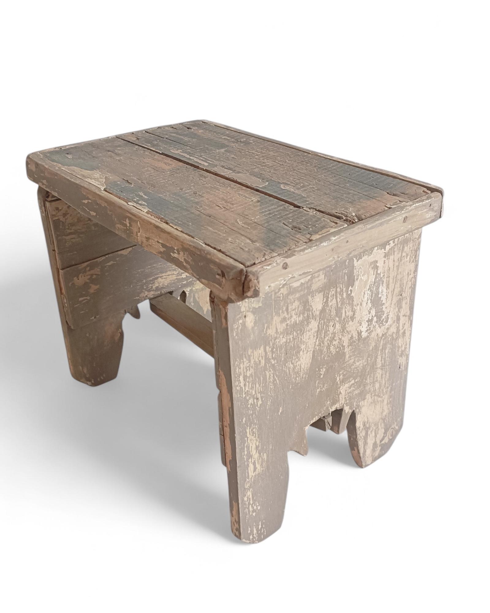 Rustic Soft Colors Weathered Wood Farm Stool/ Accent Table, Spain,  Early 20th-C For Sale 11
