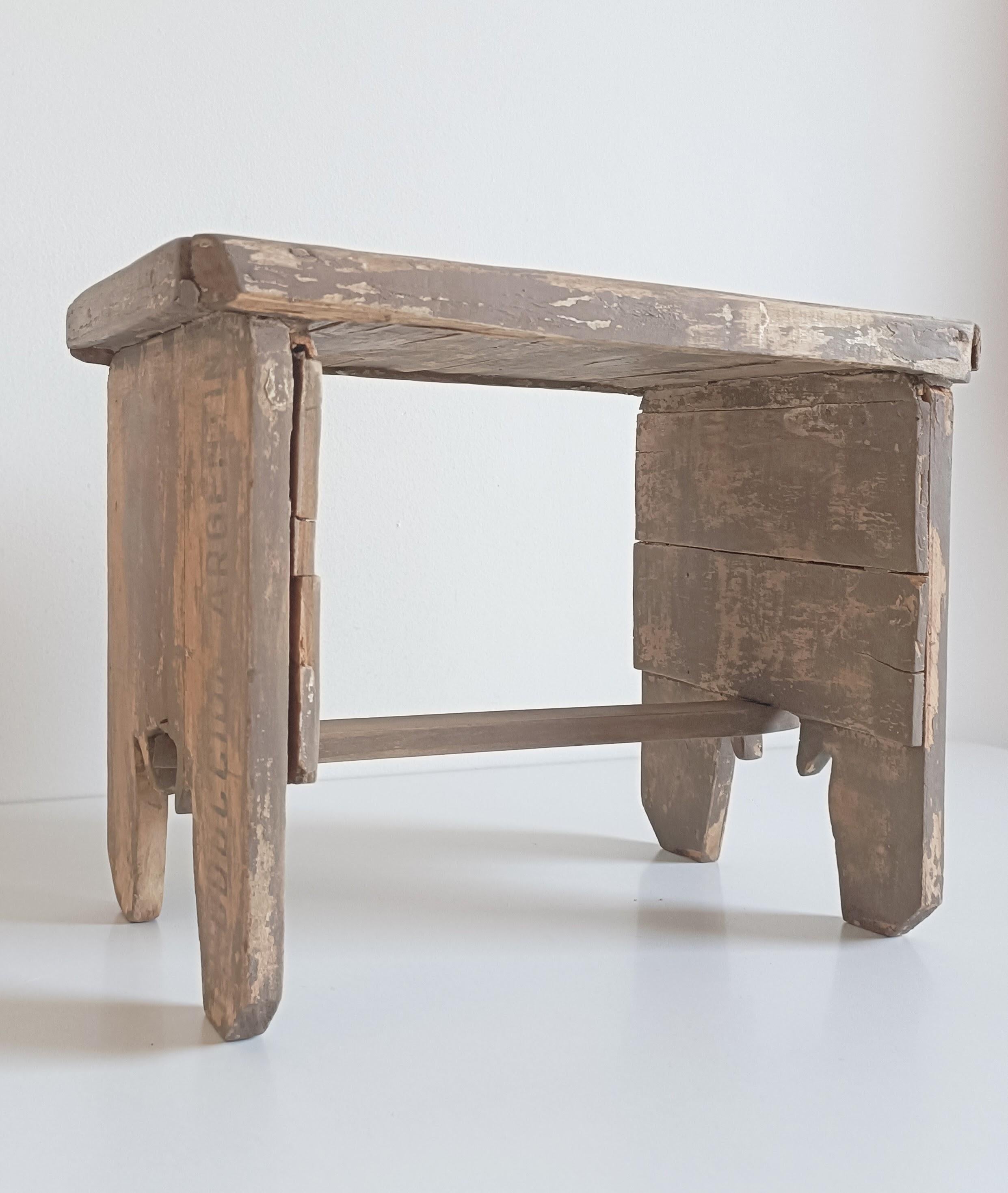 Spanish Rustic Soft Colors Weathered Wood Farm Stool/ Accent Table, Spain,  Early 20th-C For Sale