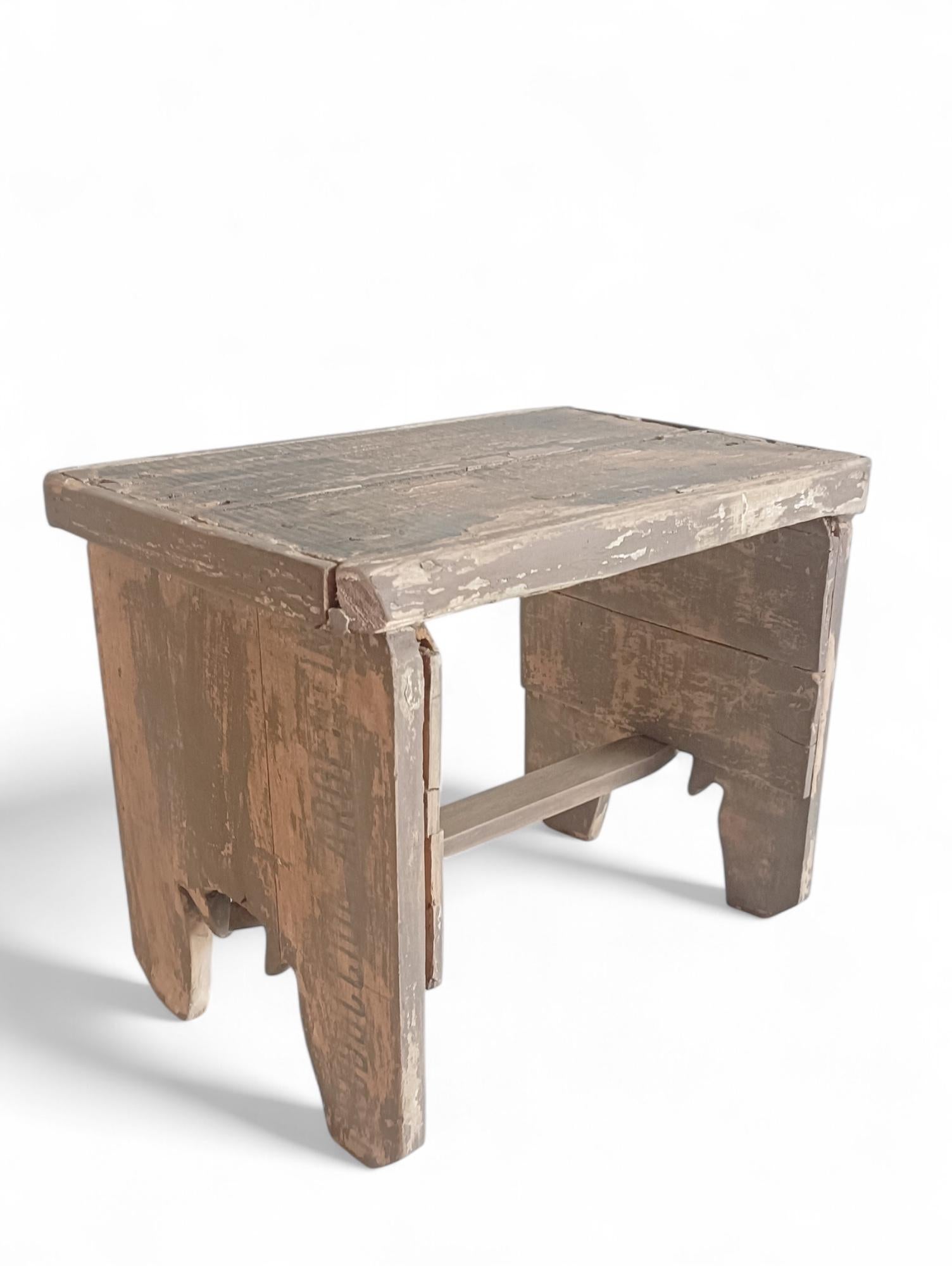 Hand-Crafted Rustic Soft Colors Weathered Wood Farm Stool/ Accent Table, Spain,  Early 20th-C For Sale