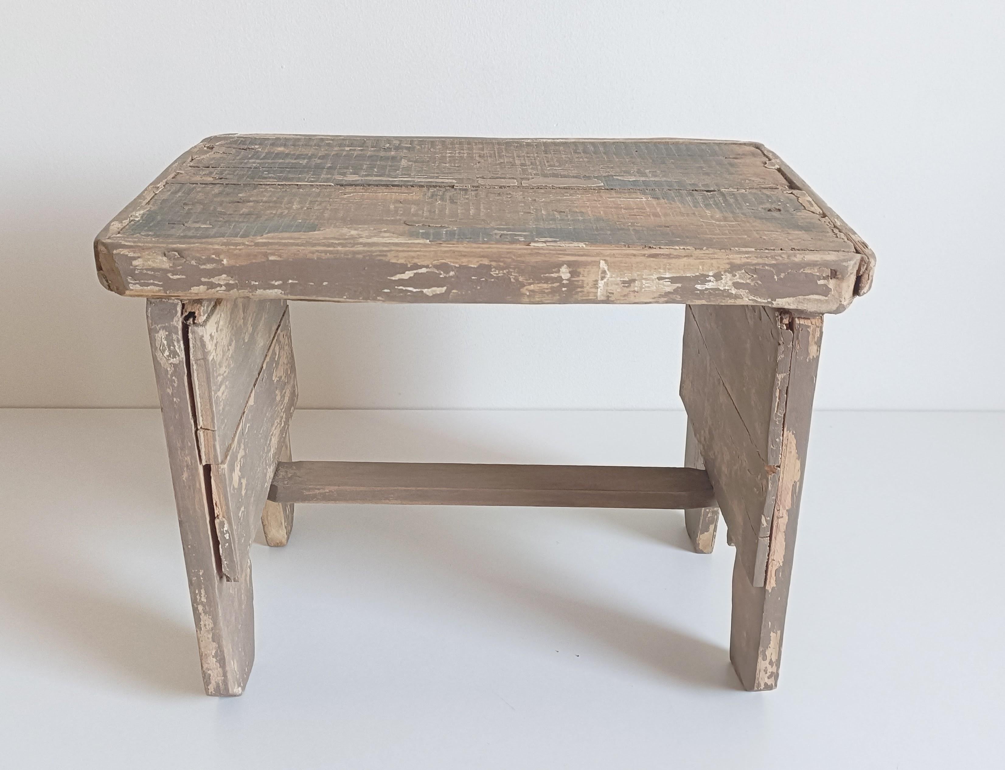20th Century Rustic Soft Colors Weathered Wood Farm Stool/ Accent Table, Spain,  Early 20th-C For Sale