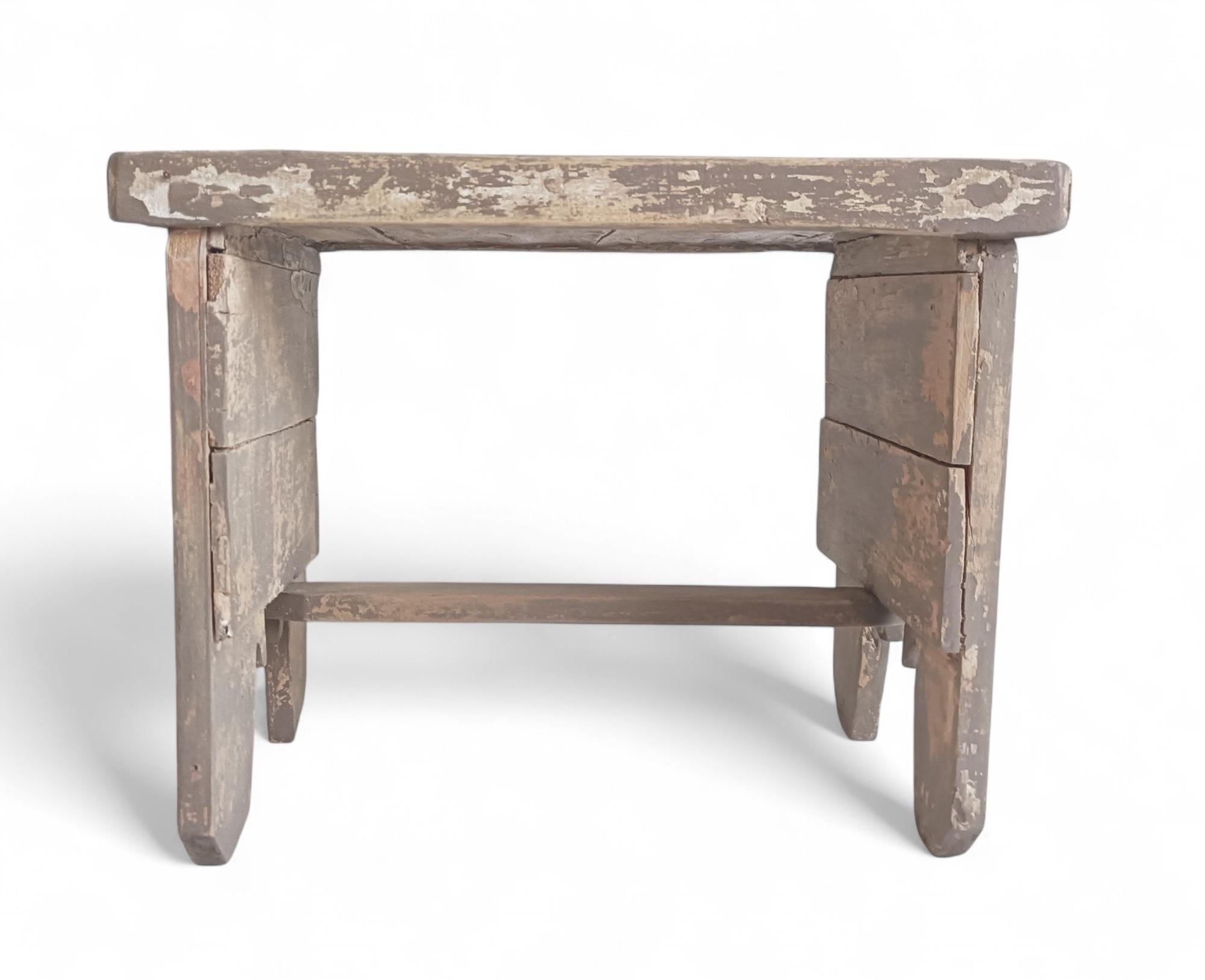 Rustic Soft Colors Weathered Wood Farm Stool/ Accent Table, Spain,  Early 20th-C For Sale 2