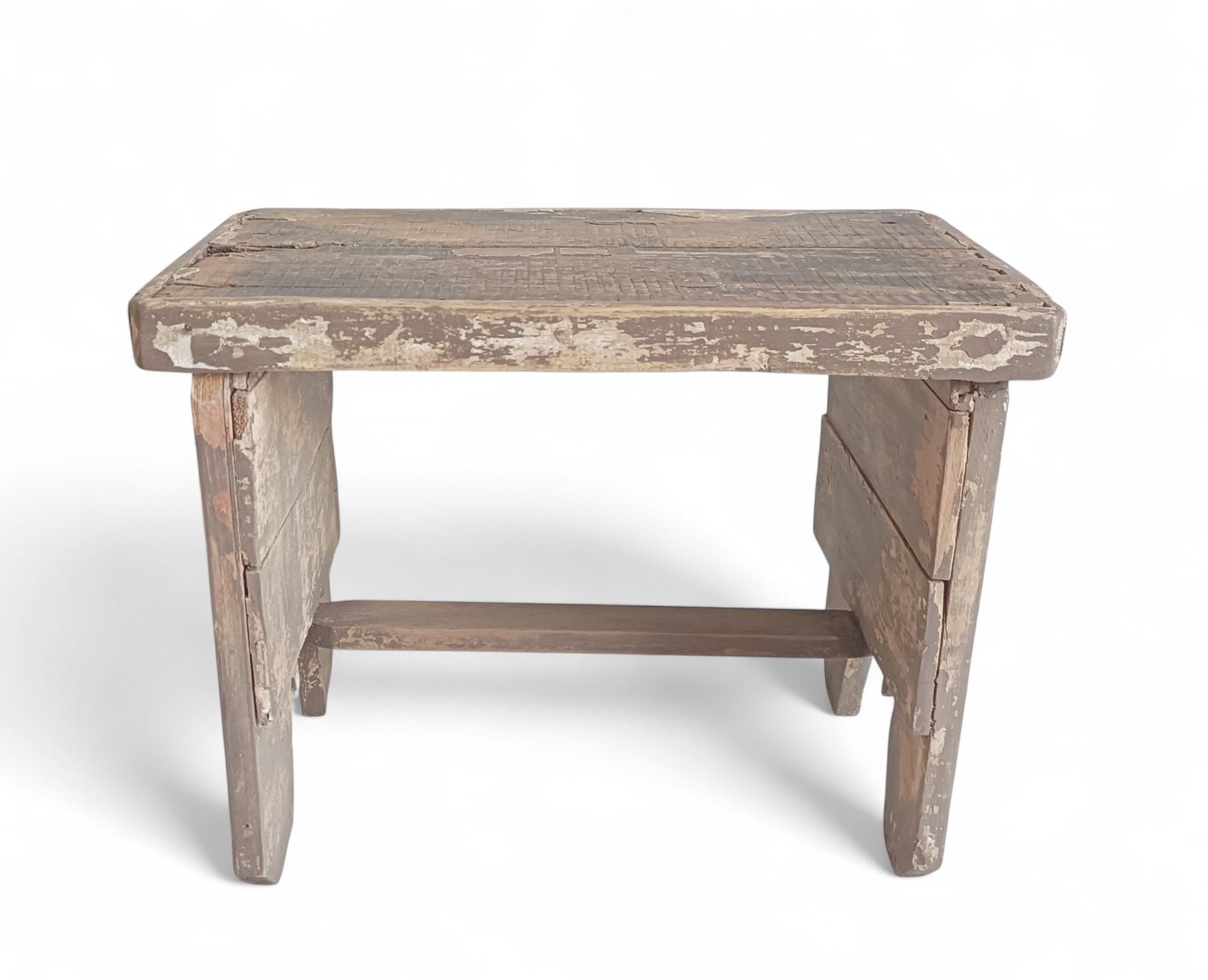 Rustic Soft Colors Weathered Wood Farm Stool/ Accent Table, Spain,  Early 20th-C For Sale 3