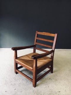 Rustic Solid Design XL Oak & Rush Arm Lounge Chair, France 1930's