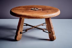 1970s Rustic Solid Oak Coffee Table with Wrought Iron Details