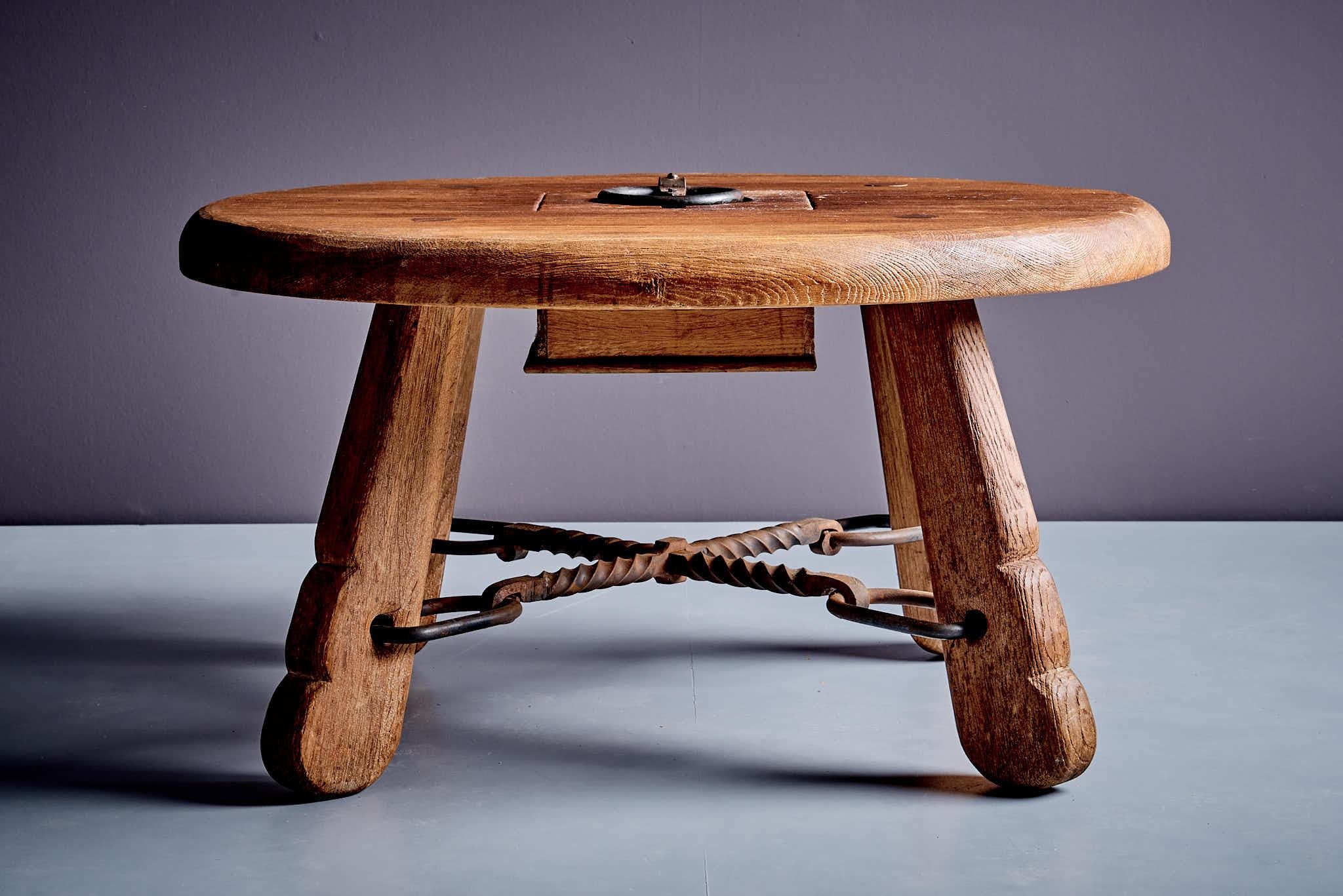 Mid-Century Modern Rustic solid oak table with wrought iron details For Sale