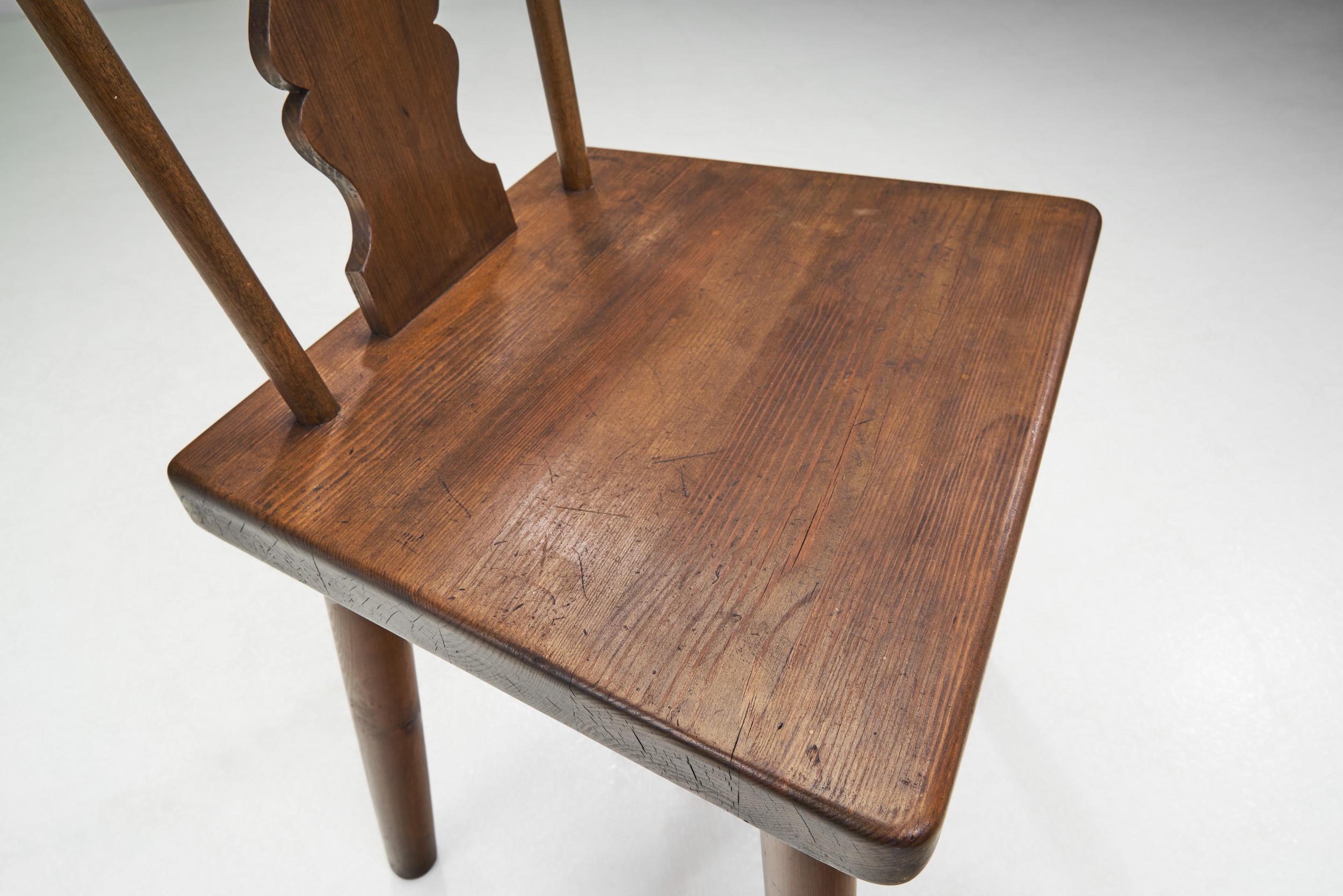Rustic Solid Pine Chairs with Carved Backs, Europe early 20th century For Sale 5