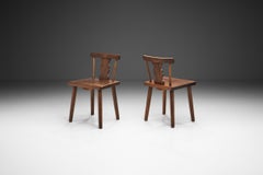 Rustic Solid Pine Chairs with Carved Backs, Europe early 20th century