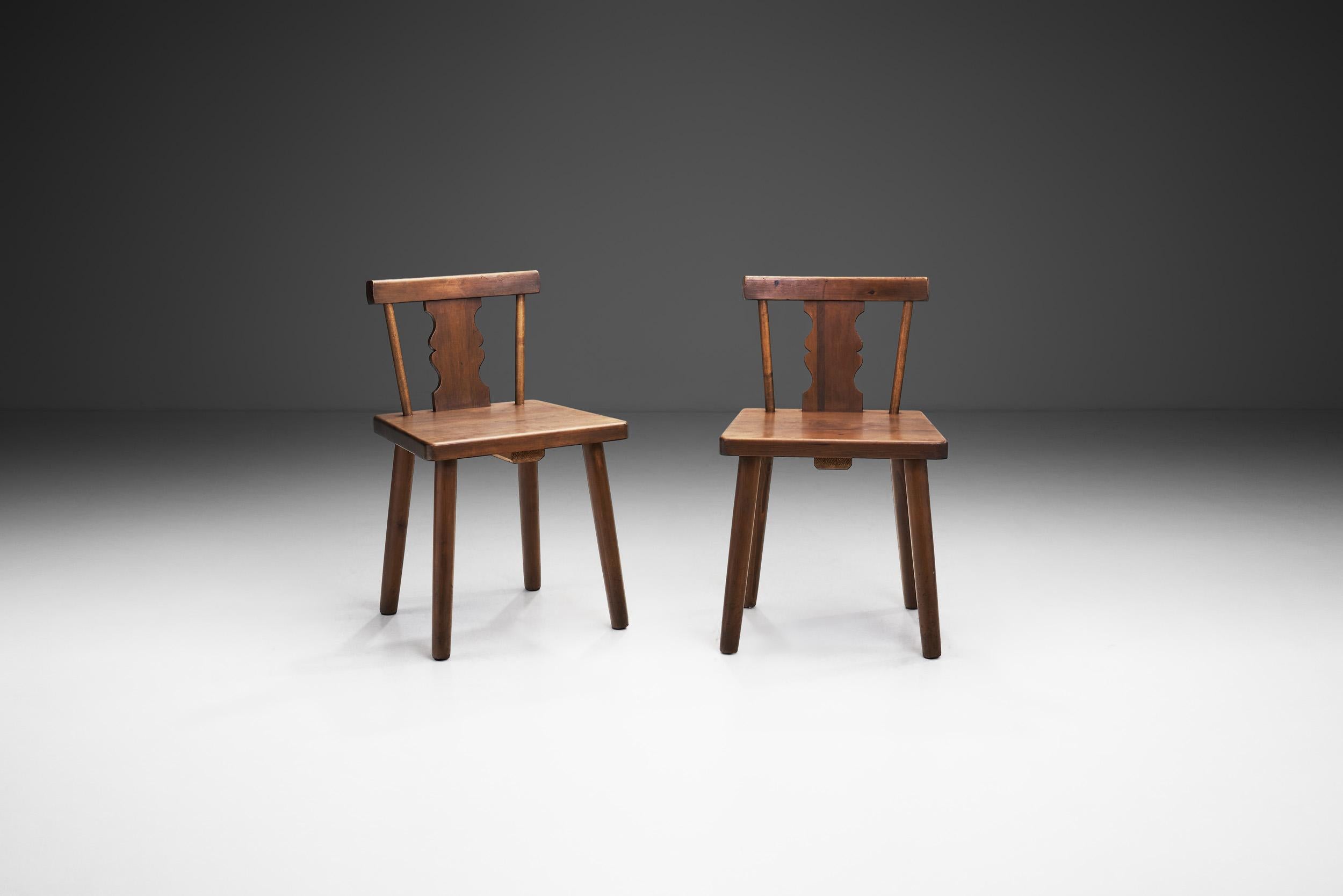 Modern Rustic Solid Pine Chairs with Carved Backs, Europe early 20th century For Sale