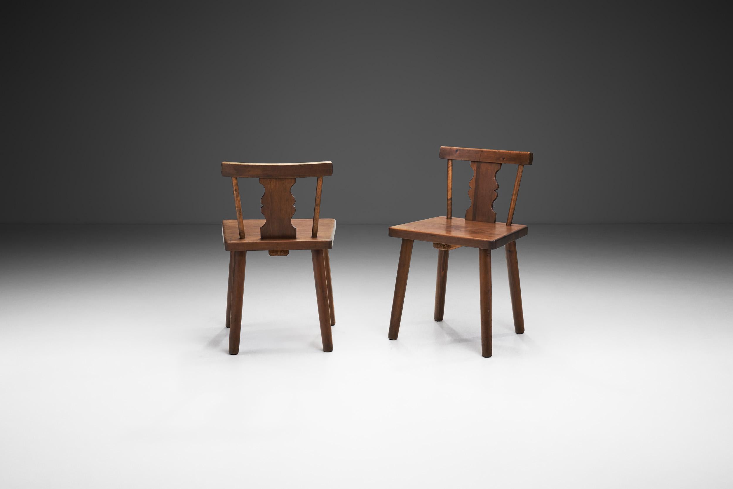 European Rustic Solid Pine Chairs with Carved Backs, Europe early 20th century For Sale