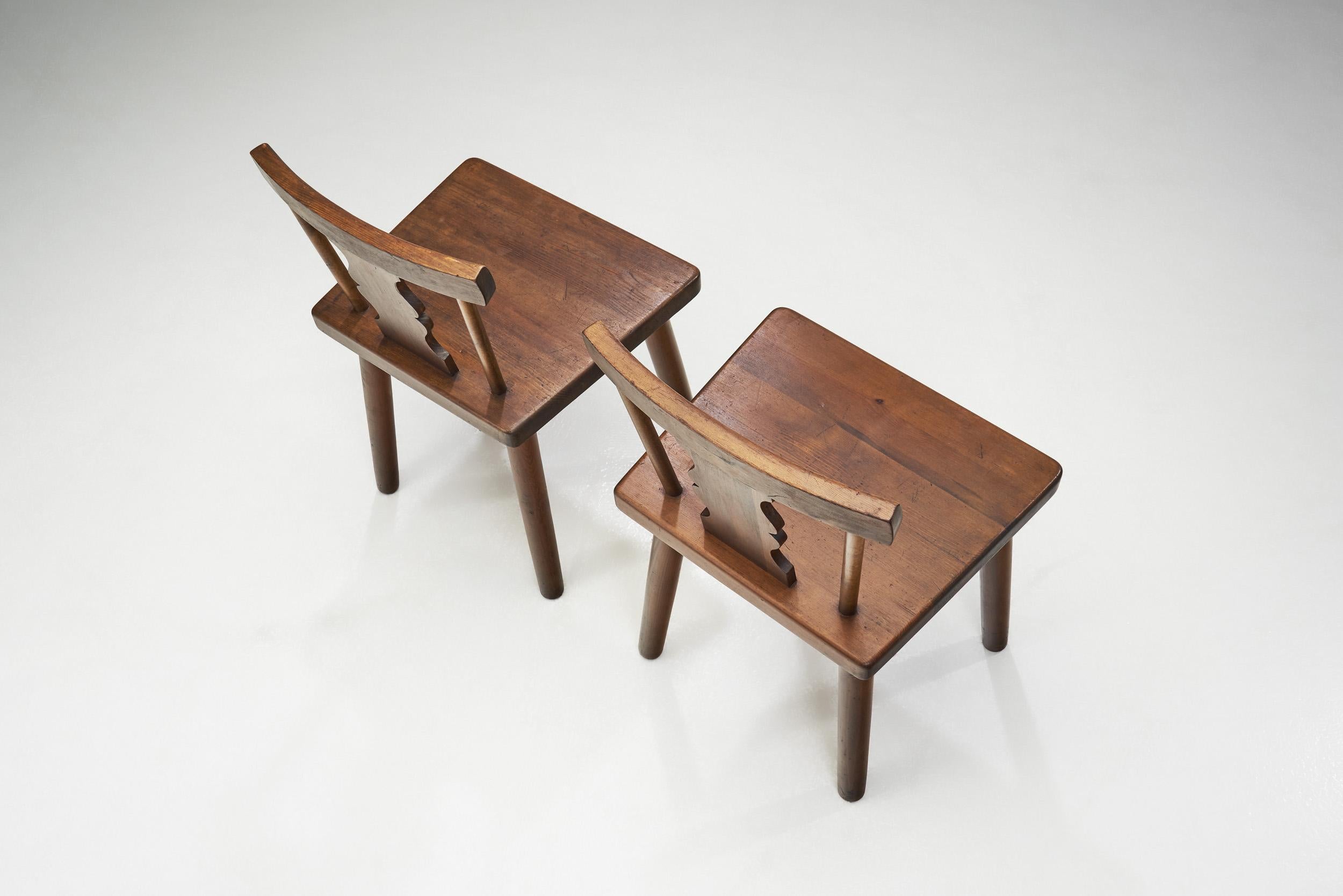 20th Century Rustic Solid Pine Chairs with Carved Backs, Europe early 20th century For Sale