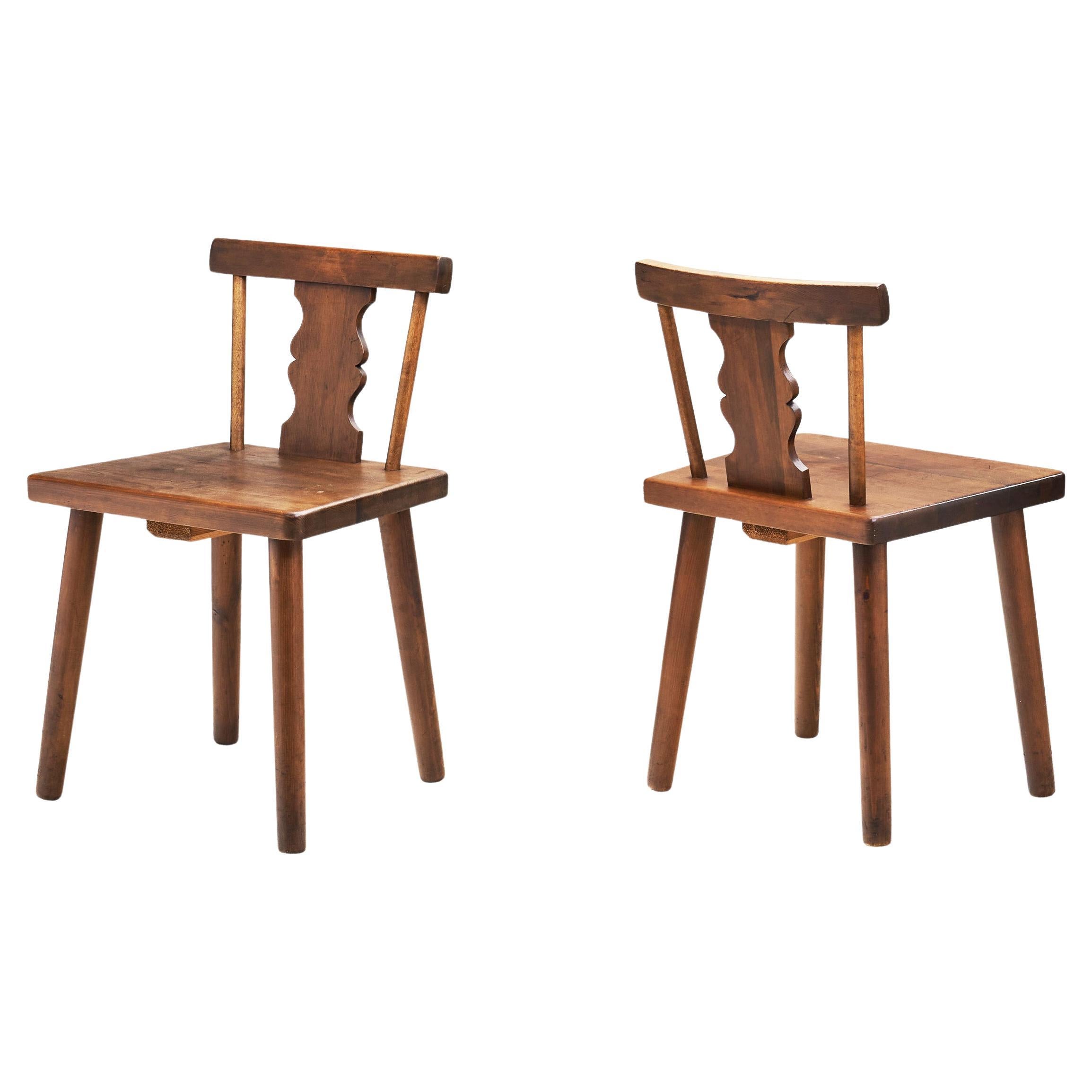 Rustic Solid Pine Chairs with Carved Backs, Europe early 20th century For Sale
