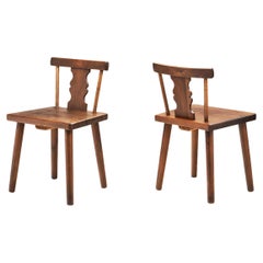 Antique Rustic Solid Pine Chairs with Carved Backs, Europe early 20th century