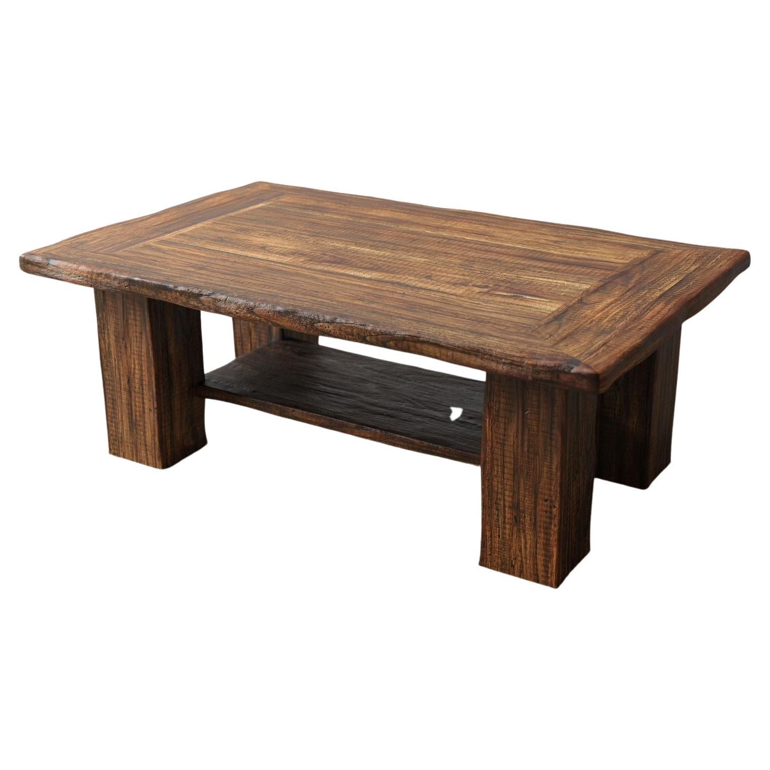 Rustic Solid Teak Sandblasted Coffee Table with Lower Shelf in Autumn For Sale