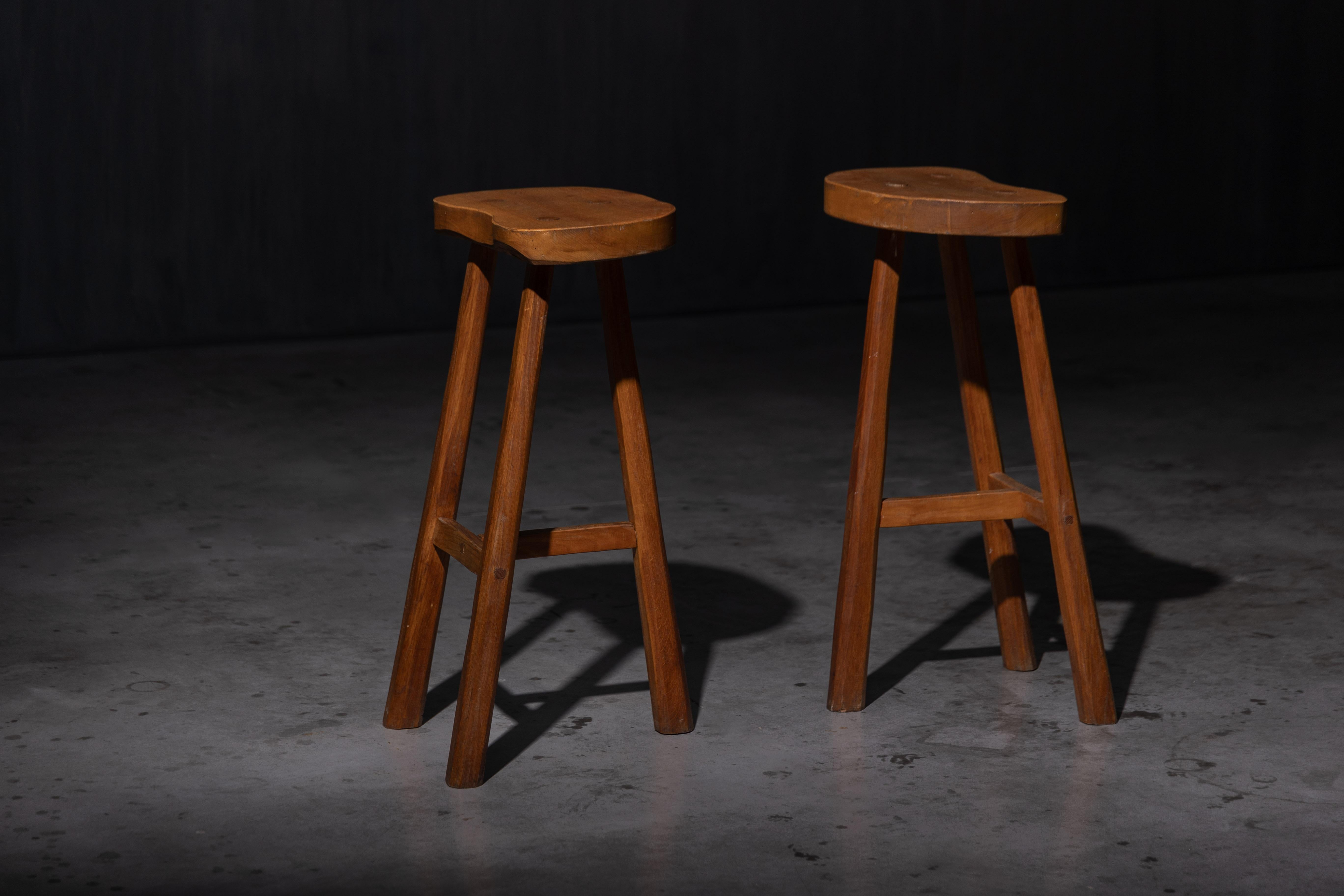 Rustic Solid Wood Bar Stools, France, 1950s For Sale 4