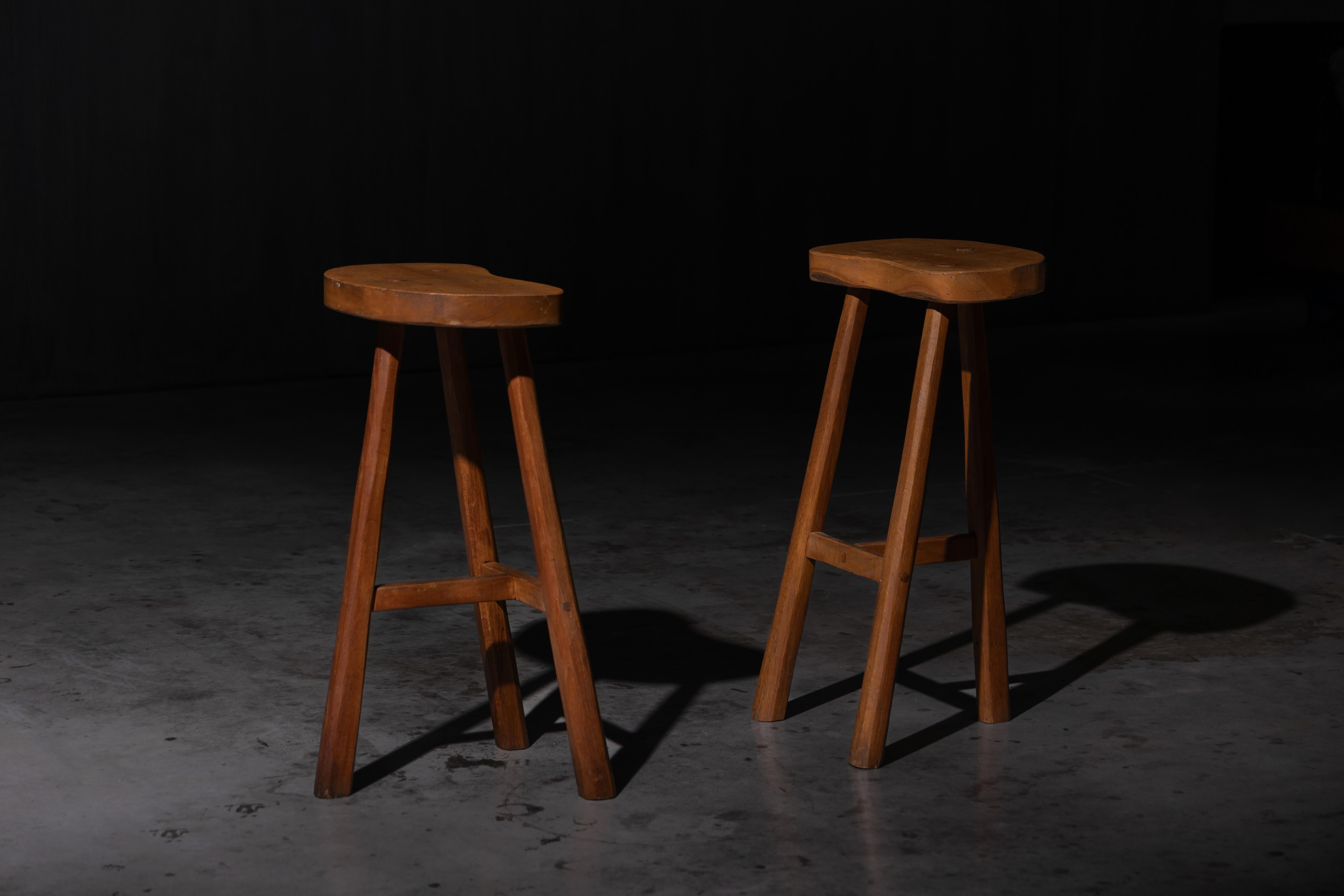 French Rustic Solid Wood Bar Stools, France, 1950s For Sale