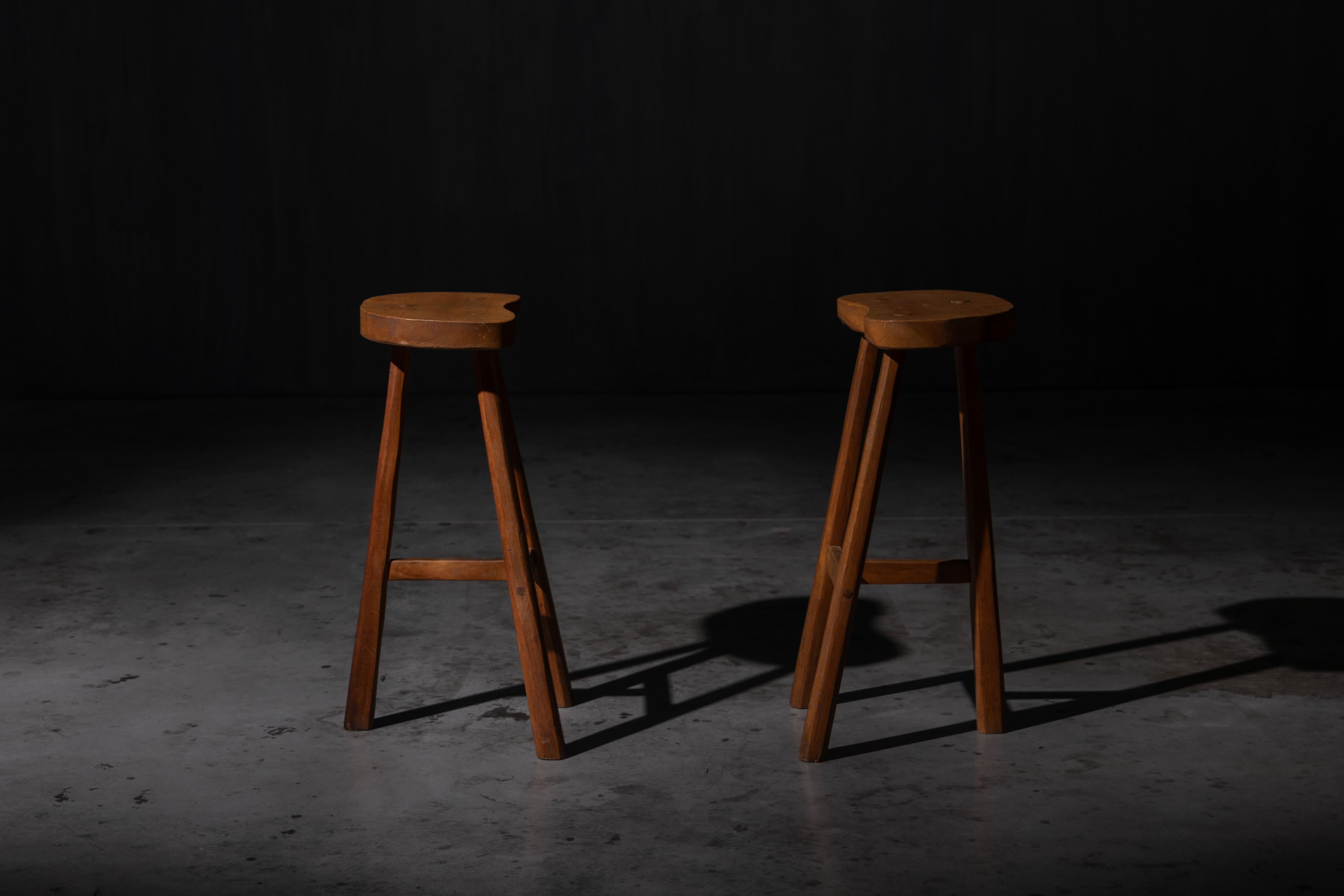 Mid-20th Century Rustic Solid Wood Bar Stools, France, 1950s For Sale
