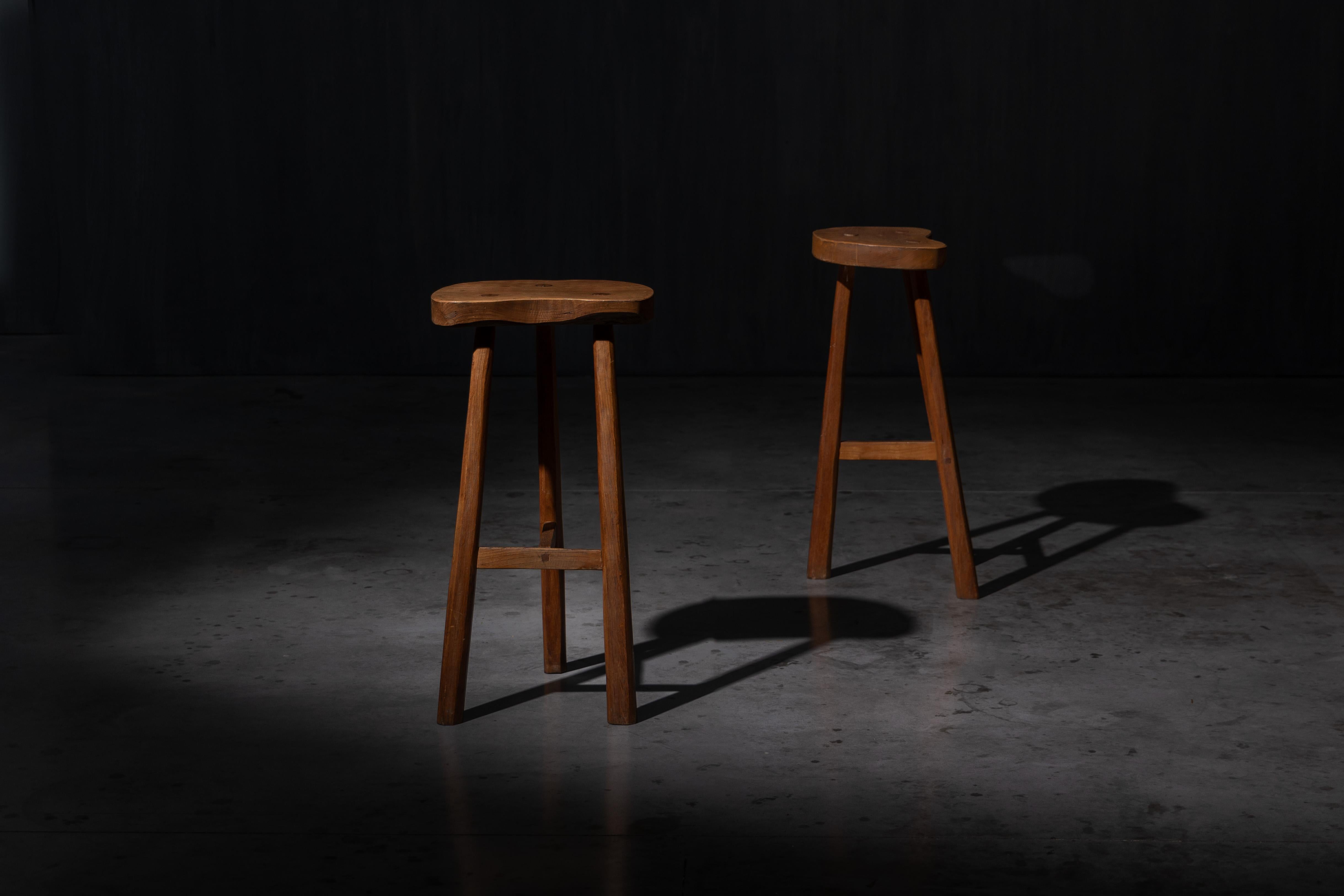 Rustic Solid Wood Bar Stools, France, 1950s For Sale 1