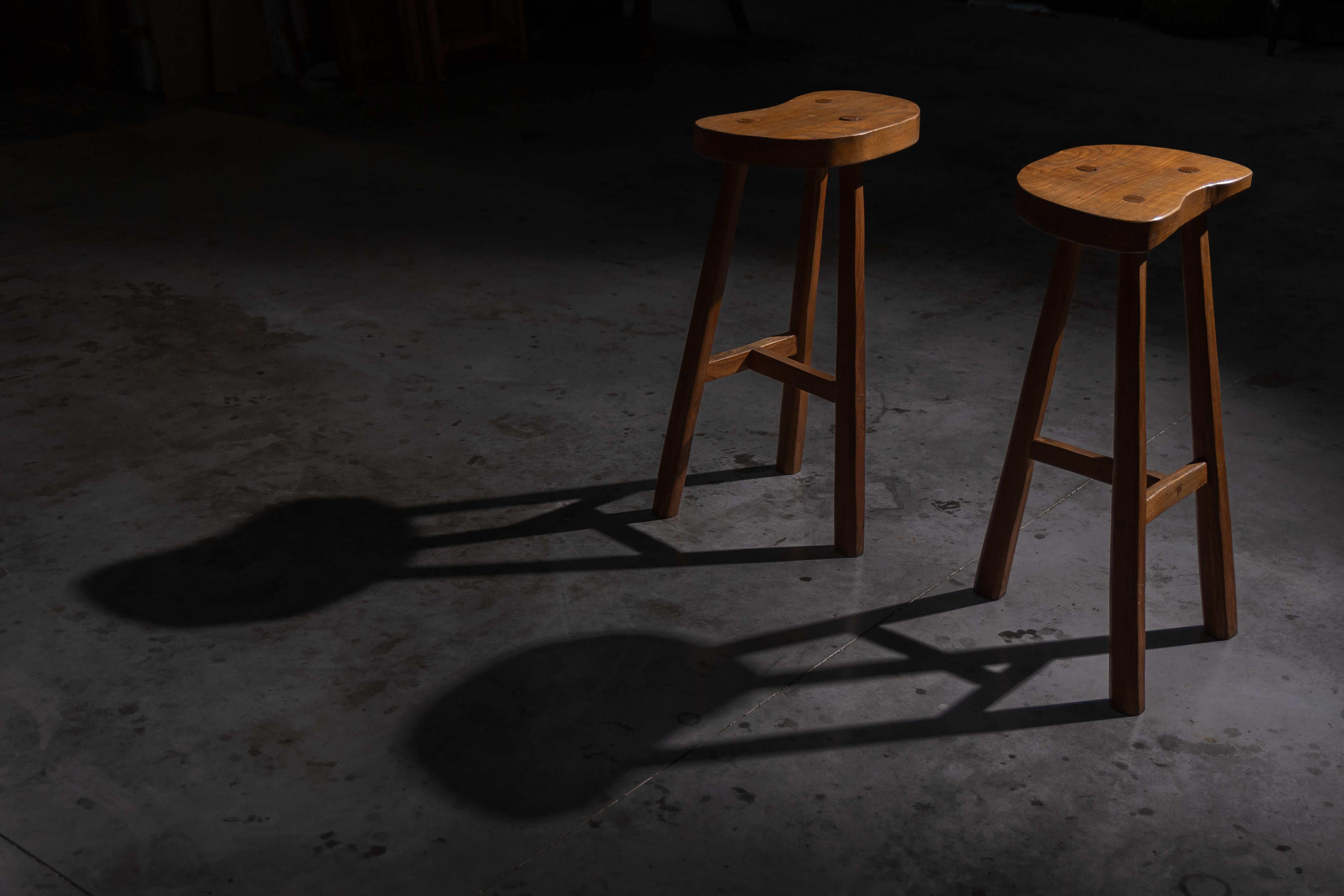 Rustic Solid Wood Bar Stools, France, 1950s For Sale 2