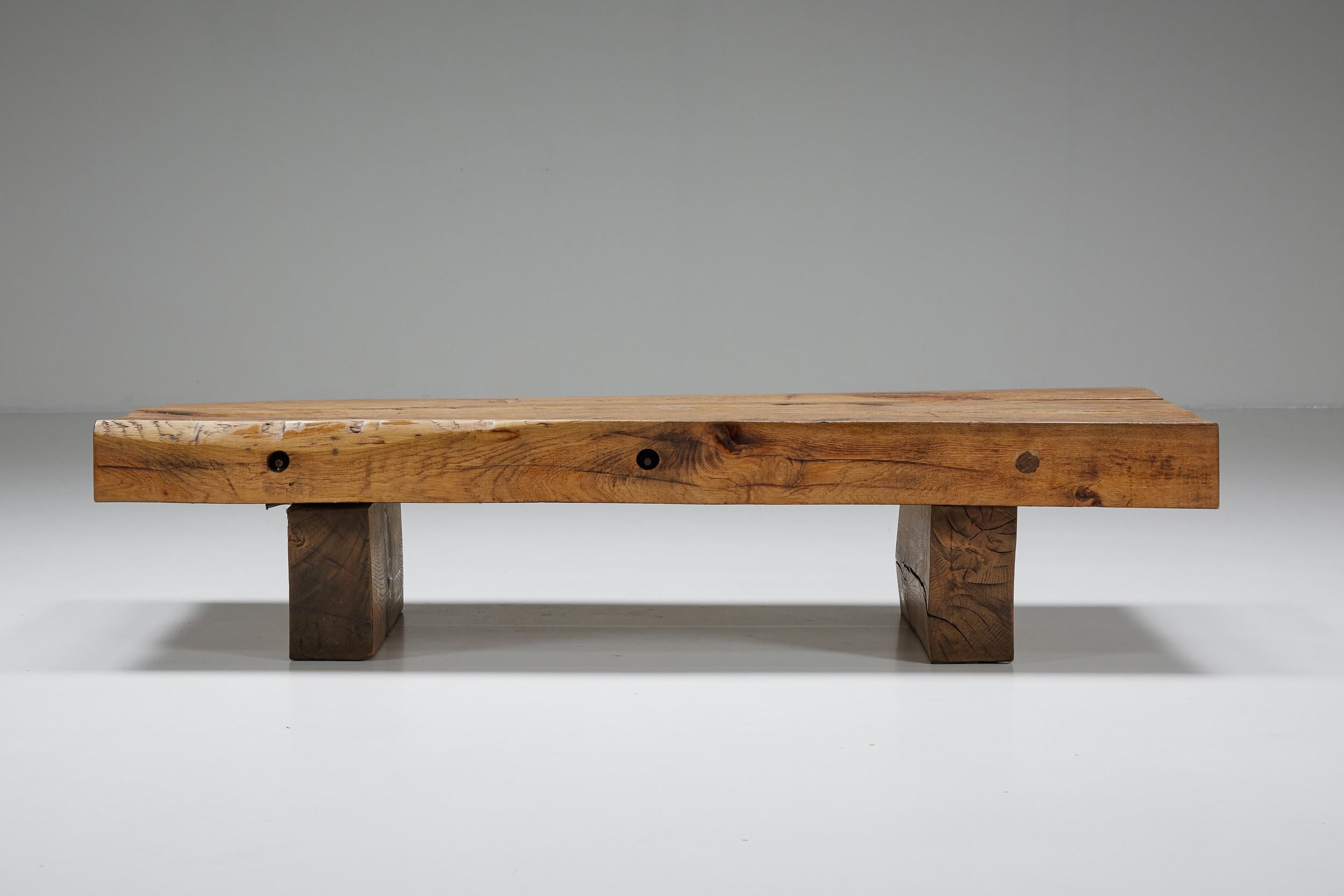 Rustic solid wood coffee table V; Mid-Century Modern

Rustic solid wood coffee table with a beautiful patina. 
A perfect example of a wabi-sabi zen decor, in original condition.