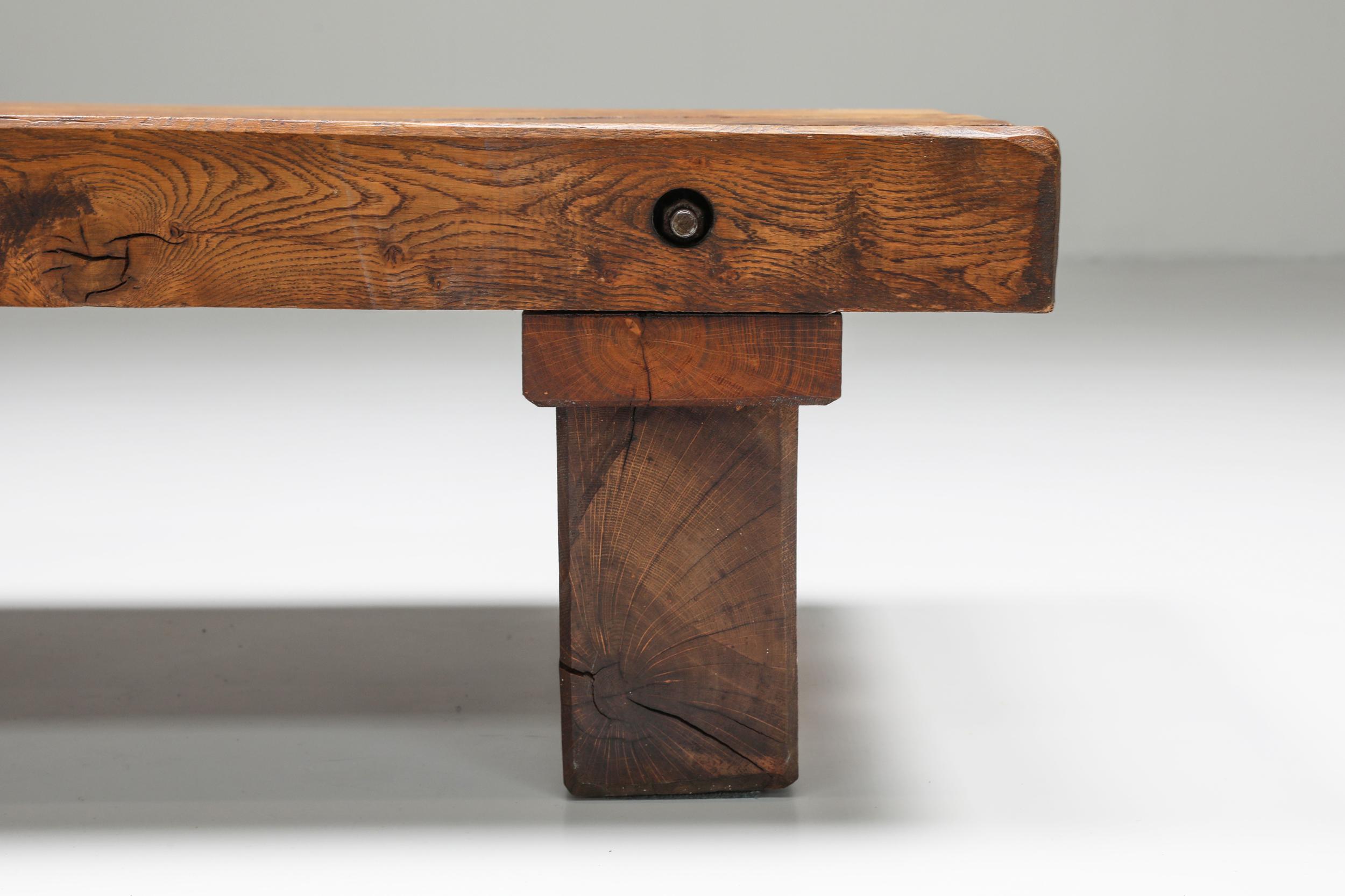 Mid-20th Century Rustic Solid Wood Coffee Table, France, 1950s For Sale