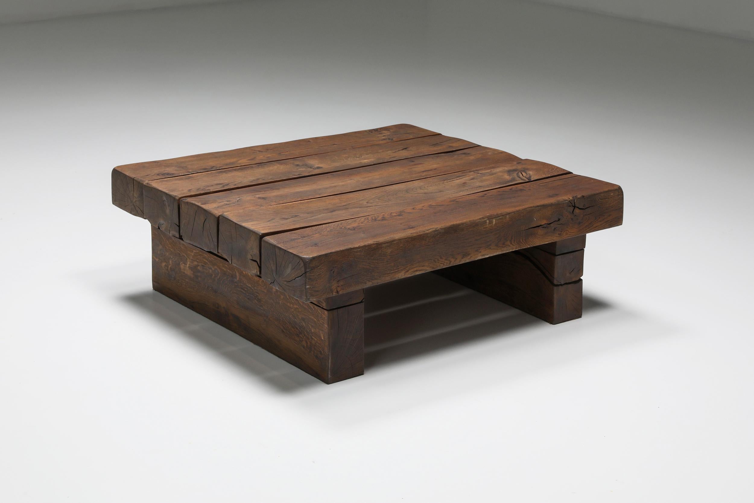 Rustic; solid wood; craftsman; soffee table; wabi-sabi; 

Taking into account the charismatic patina on this coffee table, we see this craftsman took great inspiration from wabi-sabi.
This item with historical value to it would fit best in an