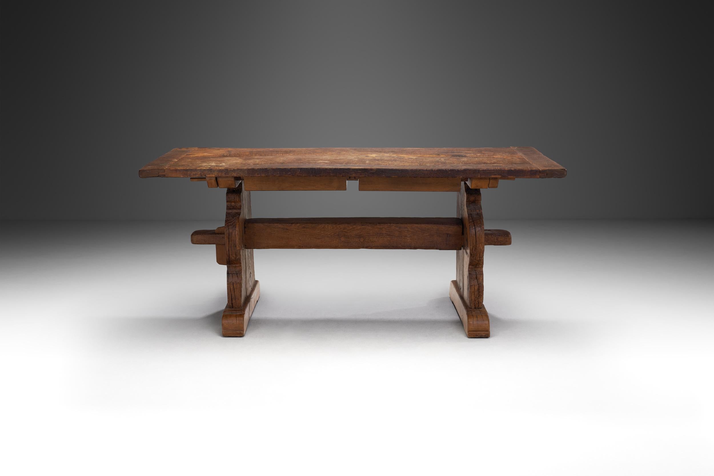 Mid-Century Modern Rustic Solid Wood Dining Table, Europe 19th Century For Sale