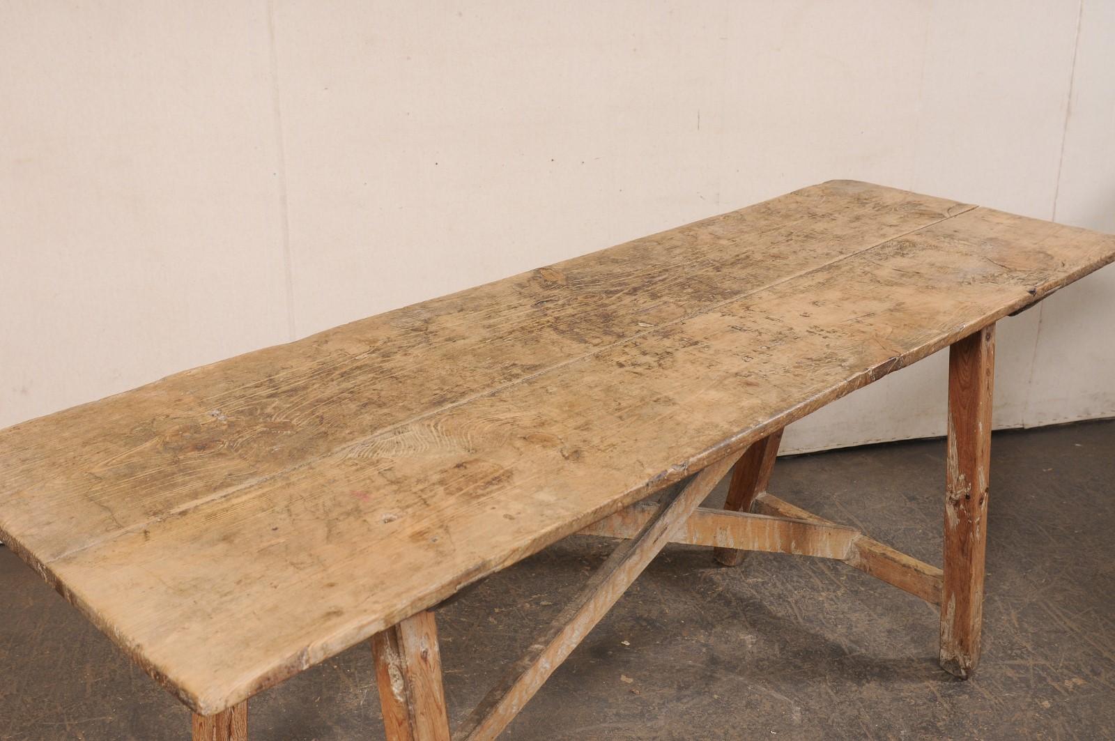 19th Century Rustic Spanish 6+ Ft Long Wooden X-Stretcher Table, 19th C. For Sale