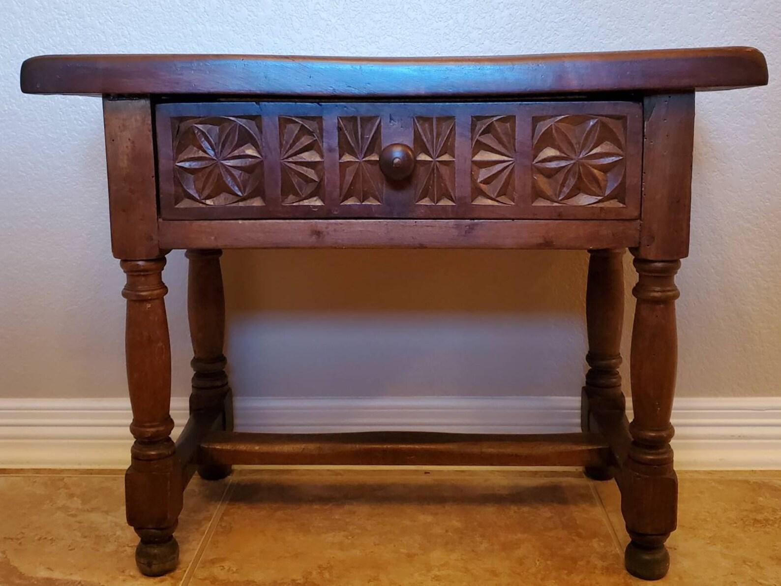 Hand-Carved Antique Spanish Baroque Carved Walnut End Table or Stool For Sale