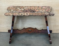 Rustic Spanish Carved Wood Upholstered Bench with Floral Fabric Seat