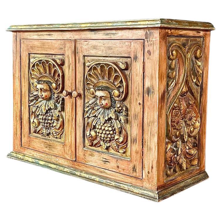 Rustic Spanish Colonial Hacienda Cabinet w/ Hand-Carved Faces in vendita