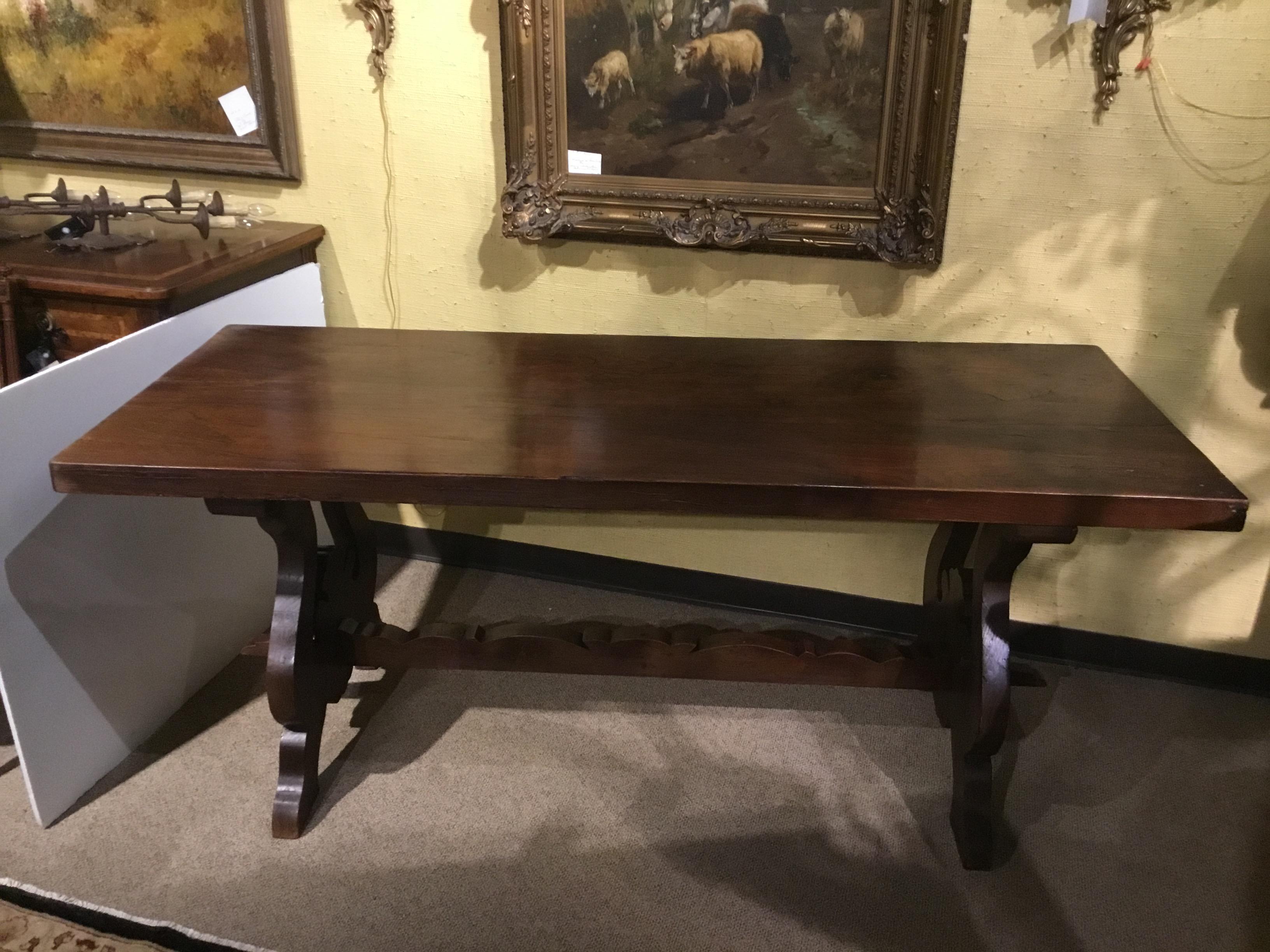 Rustic Spanish Refectory Table Early 19th Century with Ox Bow Carved Ends Walnut For Sale 6