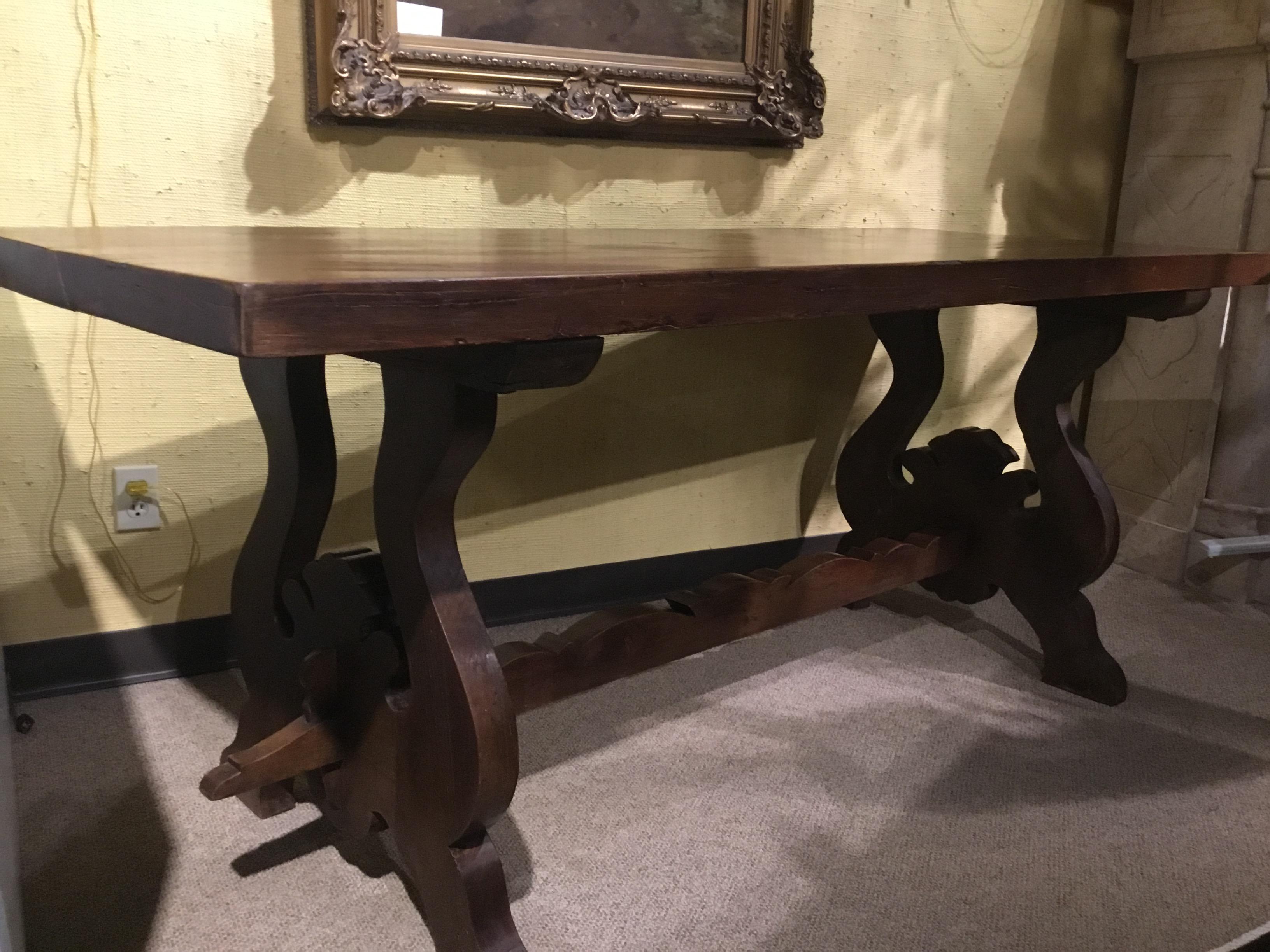 Rustic Spanish Refectory Table Early 19th Century with Ox Bow Carved Ends Walnut For Sale 1