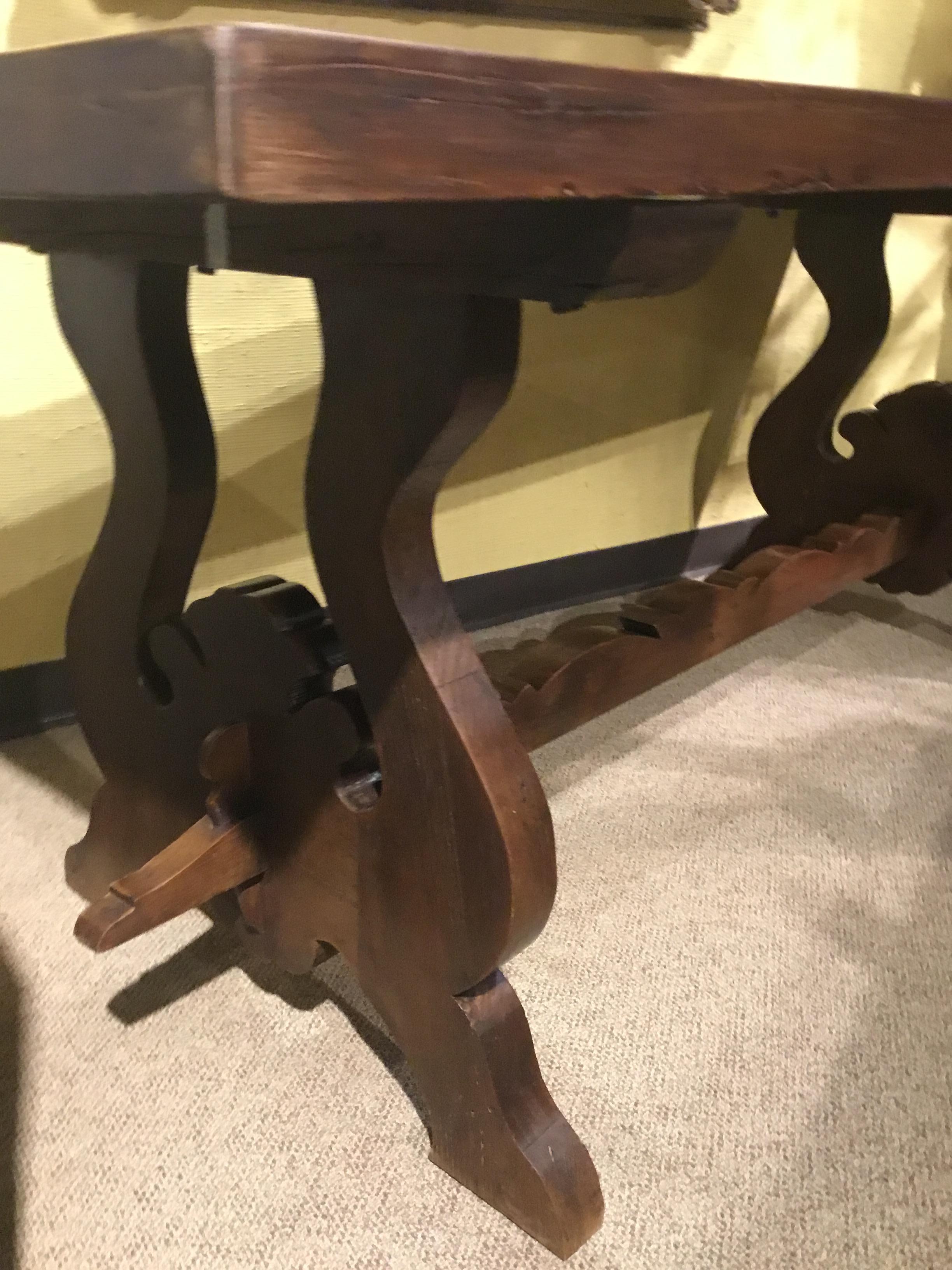 Rustic Spanish Refectory Table Early 19th Century with Ox Bow Carved Ends Walnut For Sale 2