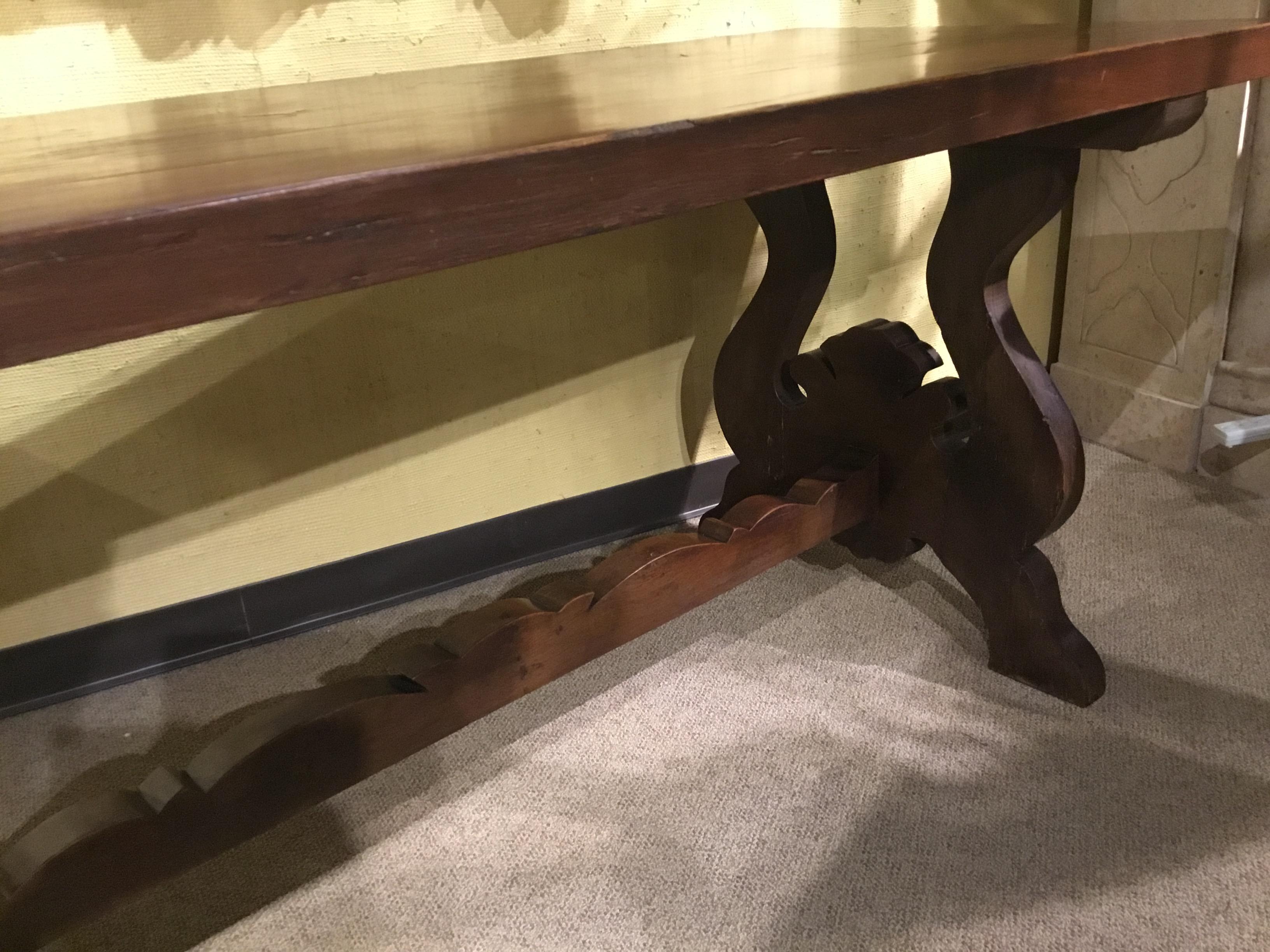 Rustic Spanish Refectory Table Early 19th Century with Ox Bow Carved Ends Walnut For Sale 3