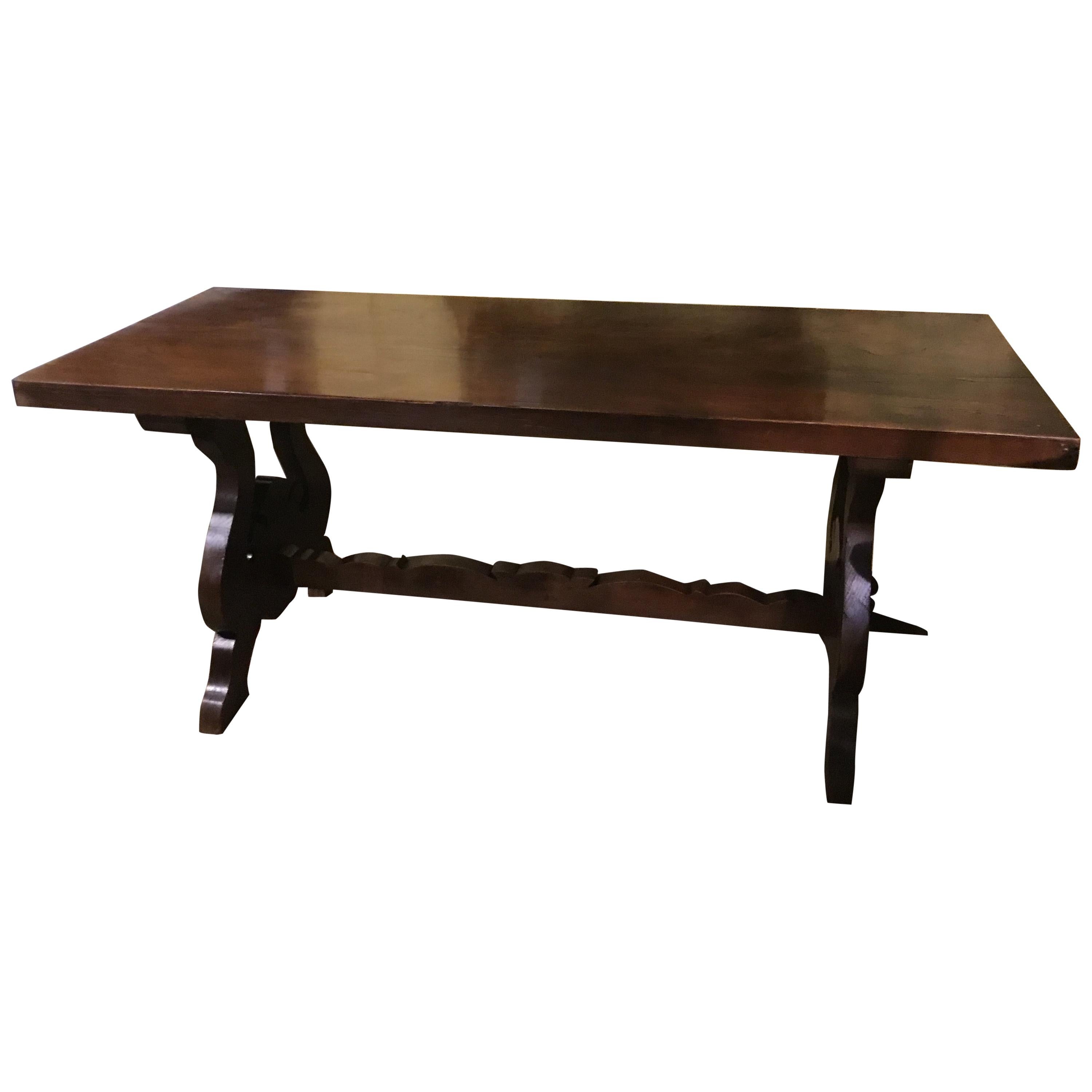 Rustic Spanish Refectory Table Early 19th Century with Ox Bow Carved Ends Walnut For Sale